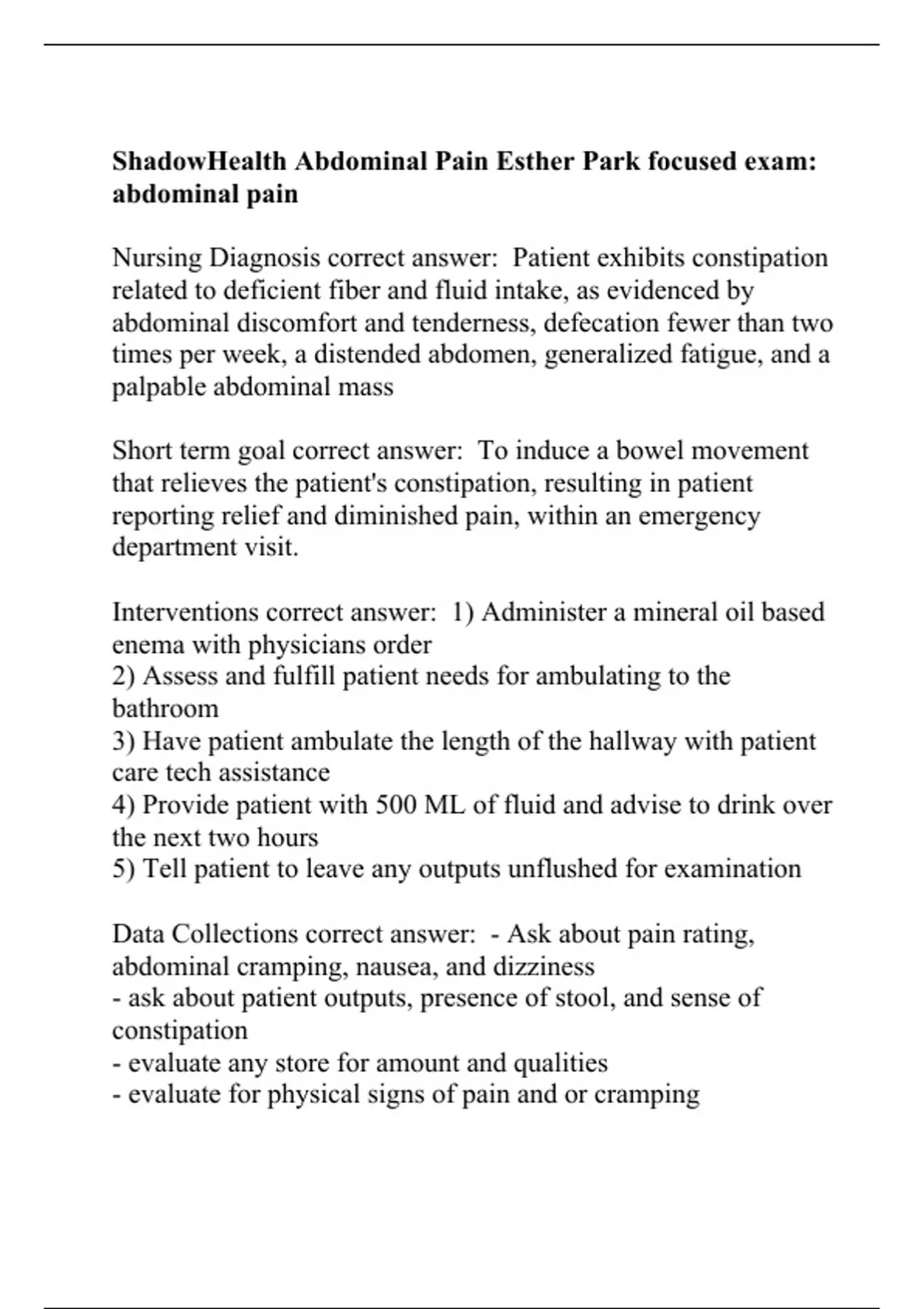 ShadowHealth Abdominal Pain Esther Park focused exam abdominal pain