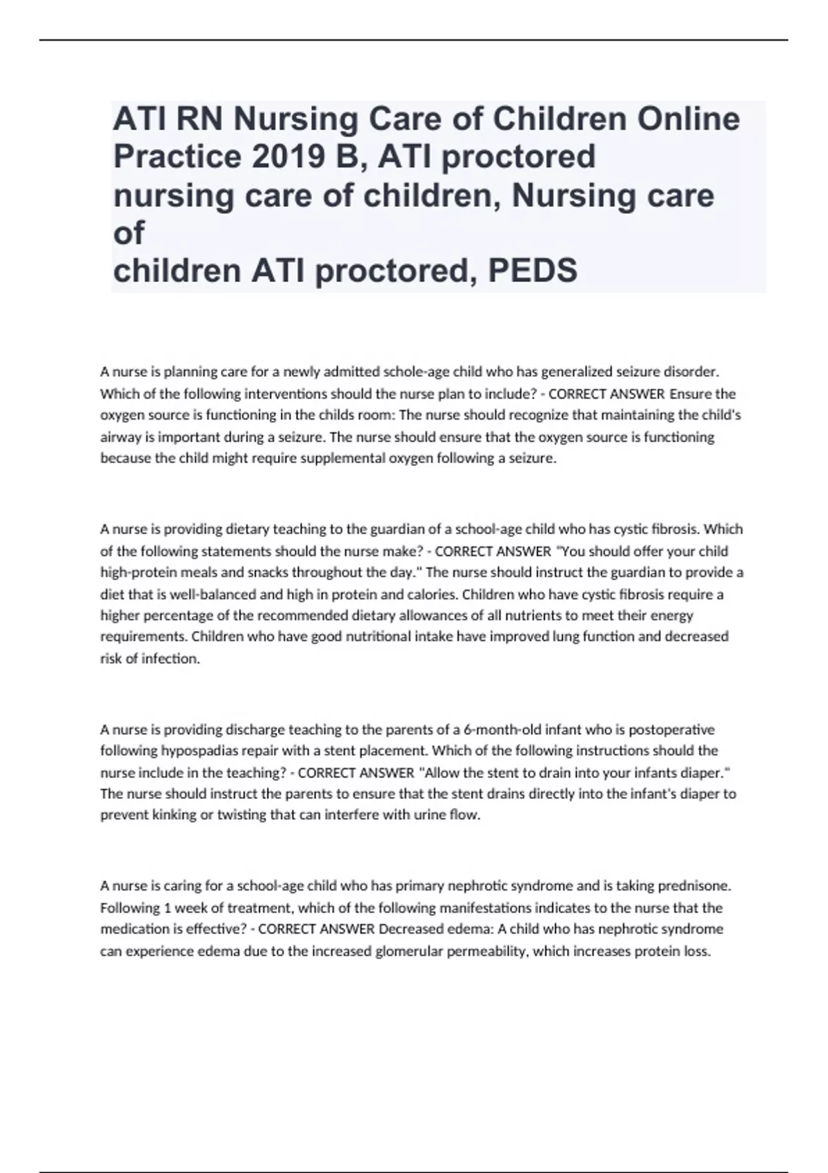 ATI RN Nursing Care Of Children OnlinePractice 2019 B, ATI Proctored ...