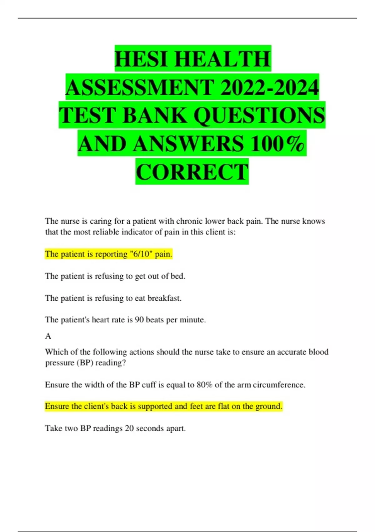 HESI HEALTH ASSESSMENT TEST BANK QUESTIONS AND ANSWERS 100% CORRECT ...