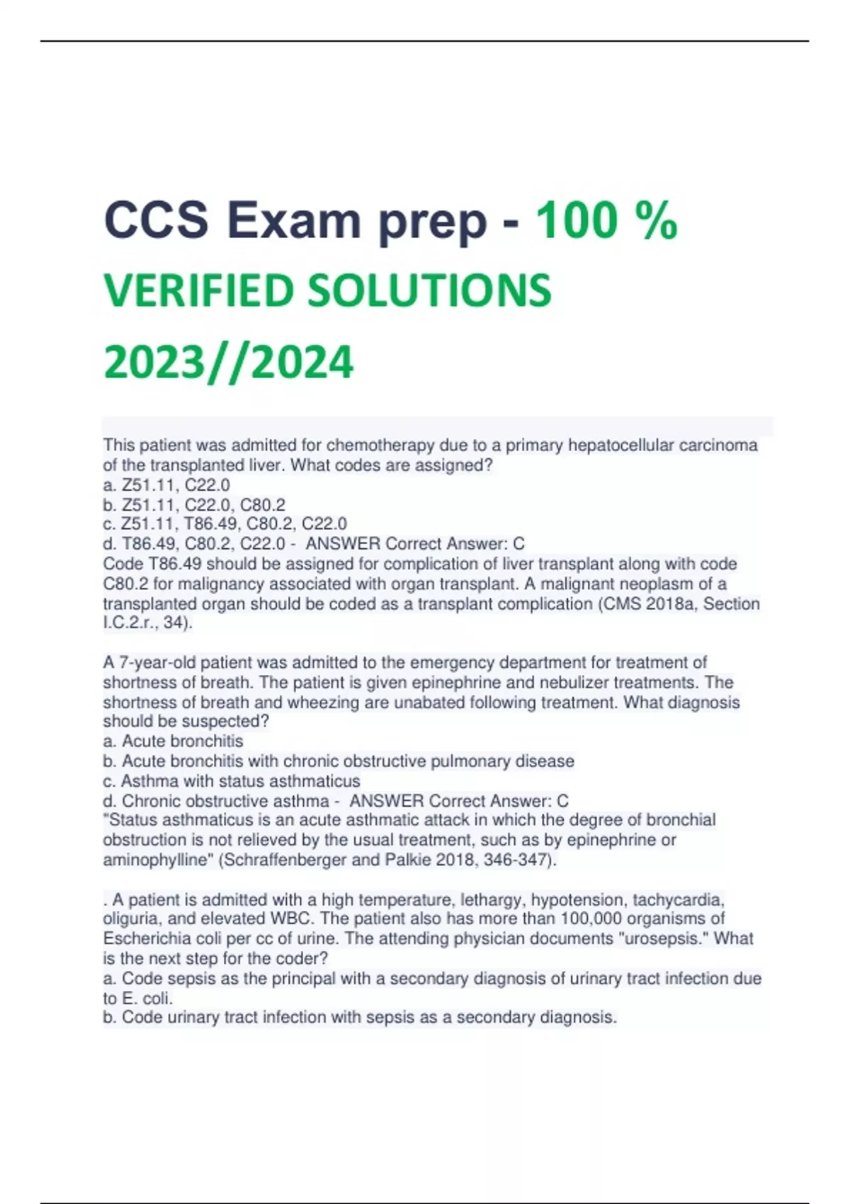 CCS Exam prep 100 VERIFIED SOLUTIONS 2023//2024 CCS Stuvia US