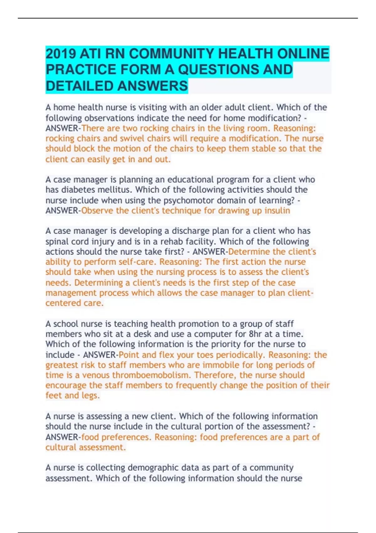 2019 ATI RN COMMUNITY HEALTH ONLINE PRACTICE FORM A QUESTIONS AND