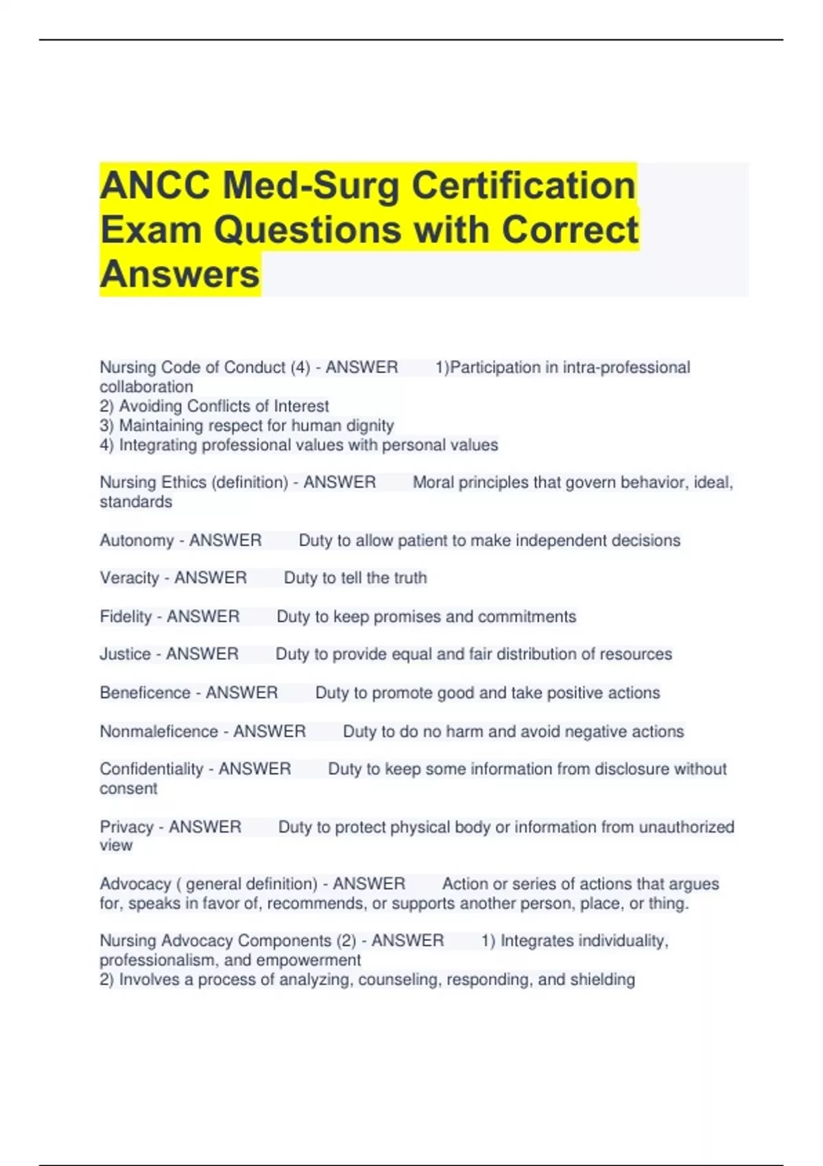 ANCC Med Surg Certification Exam Questions with Correct Answers ANCC