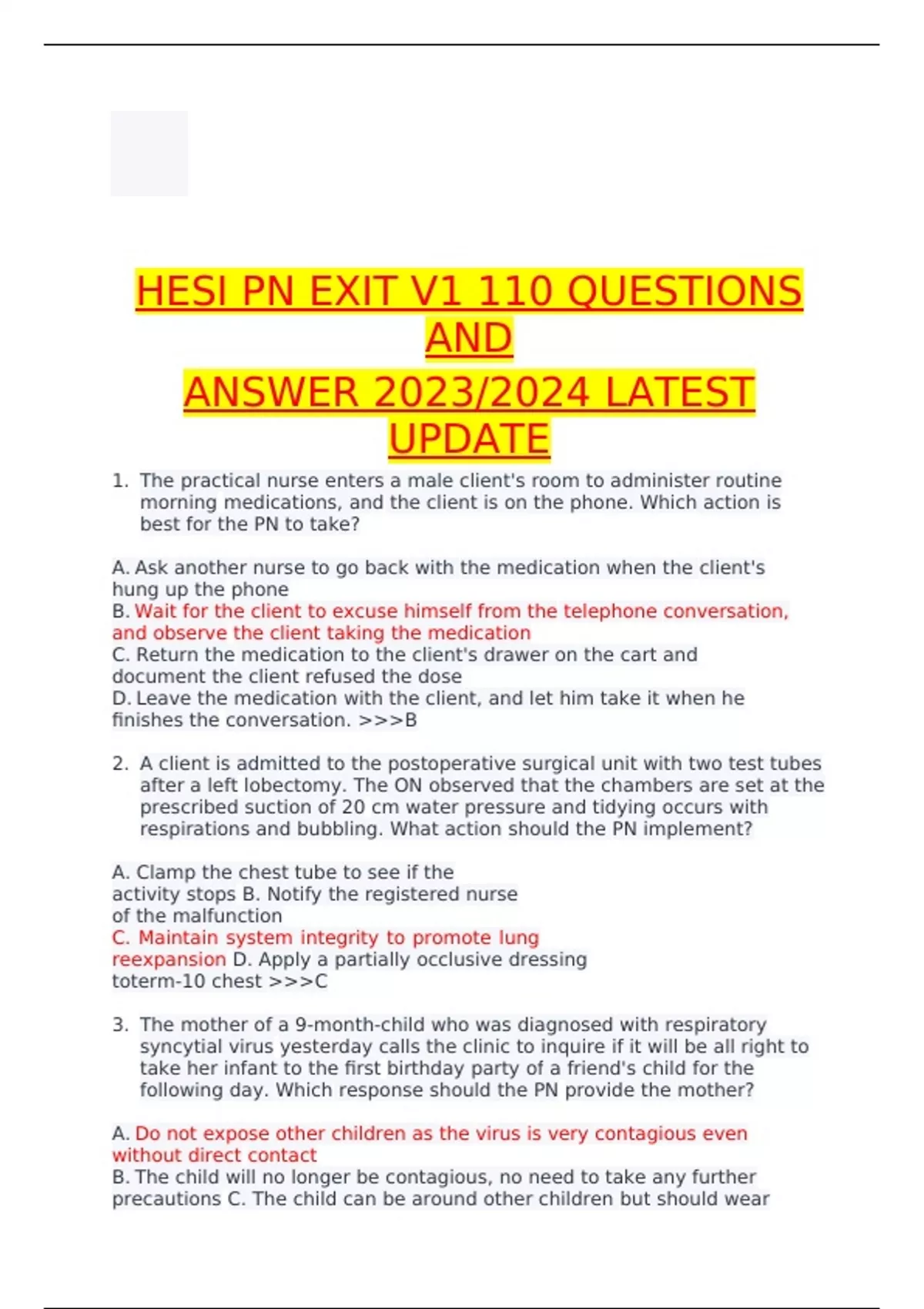 HESI PN EXIT V1 110 QUESTIONS AND ANSWER 2023/2024 LATEST UPDATE HESI