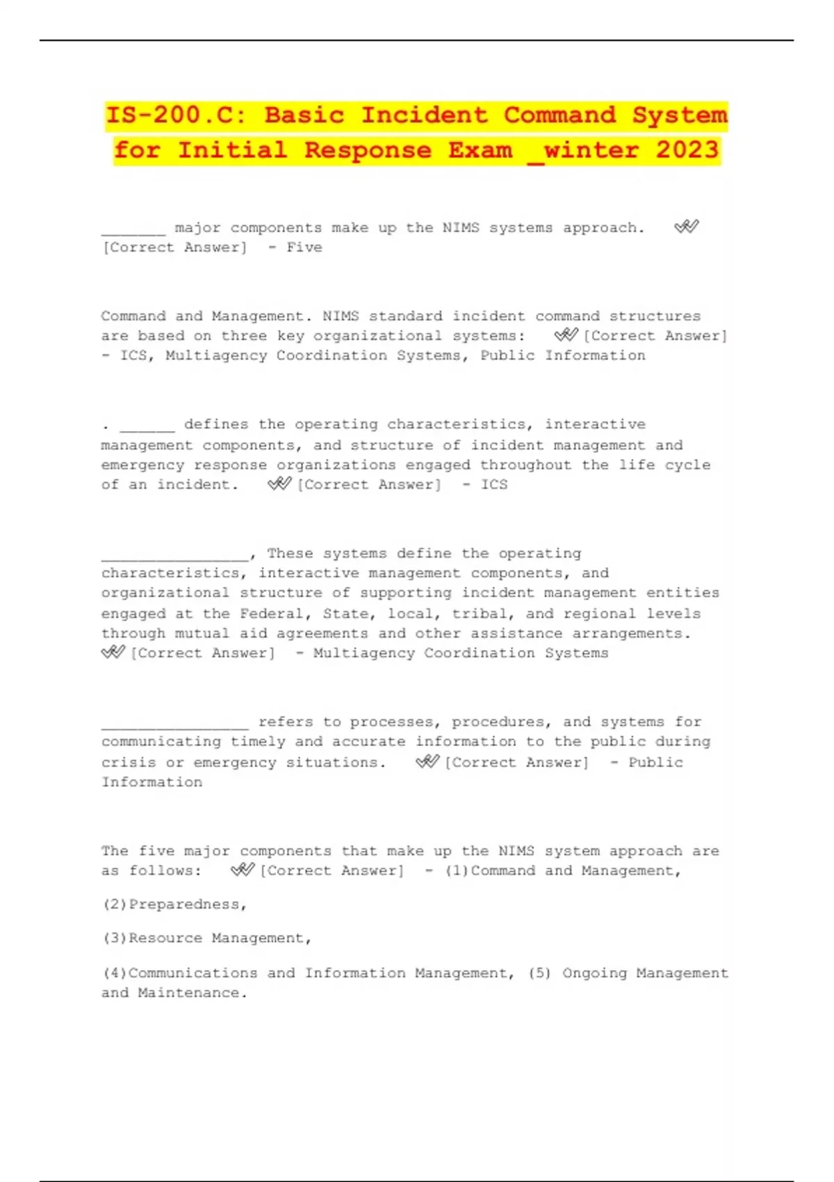 IS-200.C: Basic Incident Command System For Initial Response Exam ...