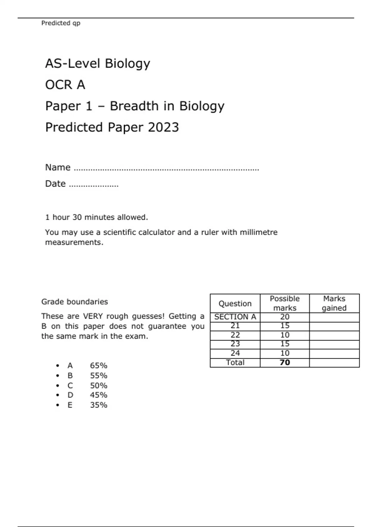 OCR AS Level Biology Paper 1 And 2 Predicted Paper 2023 Questions And 