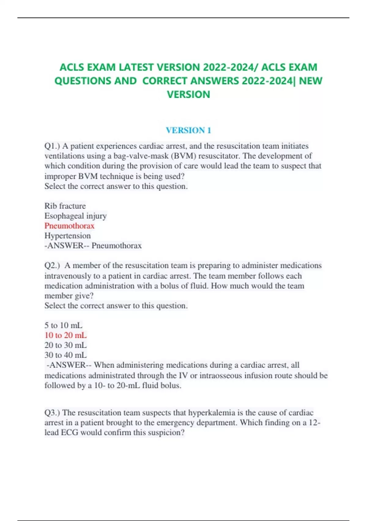 ACLS EXAM LATEST VERSION 20222024/ ACLS EXAM QUESTIONS AND CORRECT