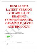 HESI A2 2023 LATEST VERSION (VOCABULARY, READING COMPREHENSION,GRAMMAR, MATH AND BIOLOGY)