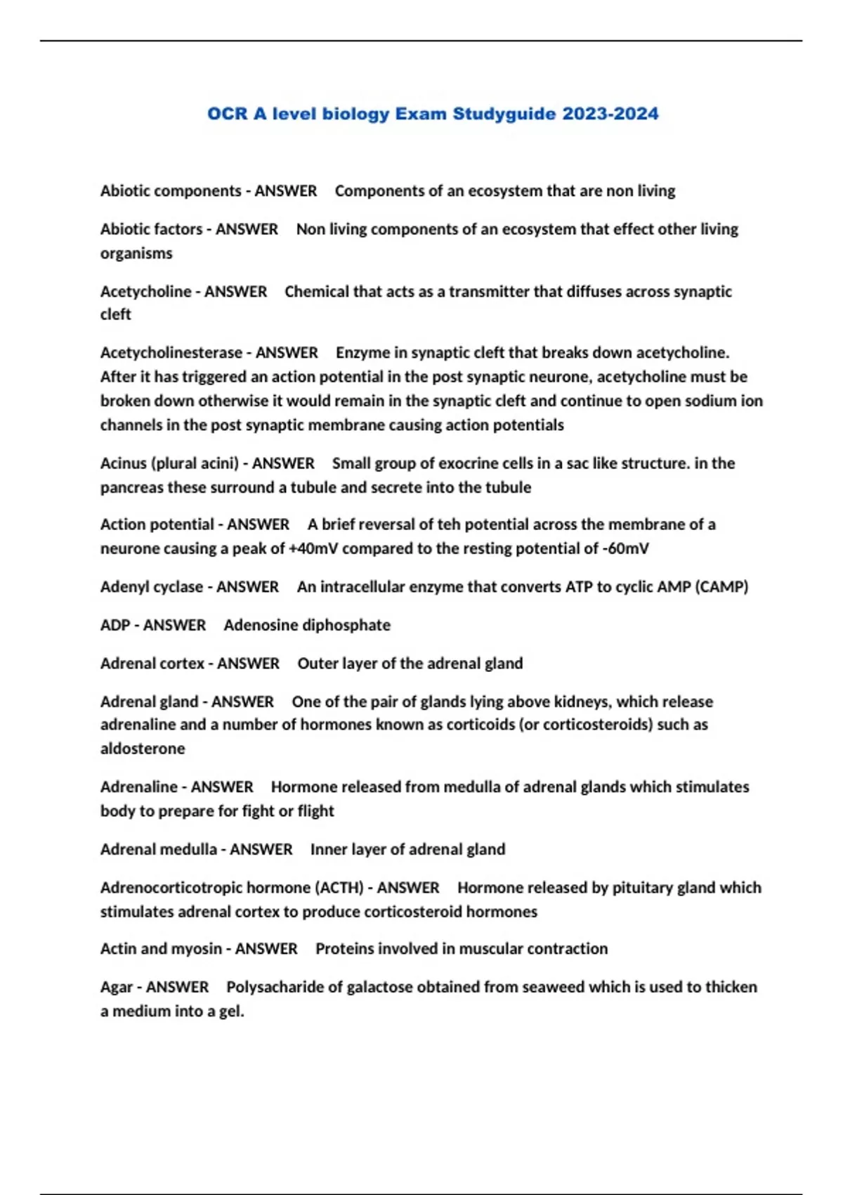 OCR A Level Biology Exam Studyguide OCR A Level Biology Stuvia US