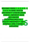 NSG5003 WEEK 1, 2, 3, 4, 5, 6, 7, 8, 9, 10 QUIZ: SOUTH  UNIVERSITY (KNOWLEDGE  CHECK) (NEWEST 2023)  ADVANCED PATHOPHYSIOLOGY:  SOUTH UNIVERSITY 100%  VERIFIED AND CORRECT ANSWERS 