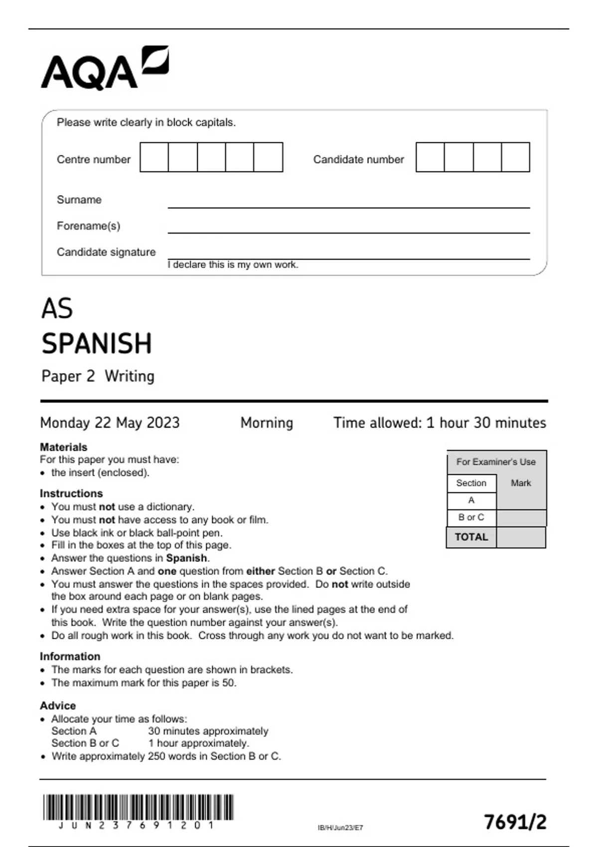 AQA AS LEVEL JUNE 2023 SPANISH PAPER 2 WRITING 2023 Papers Stuvia UK