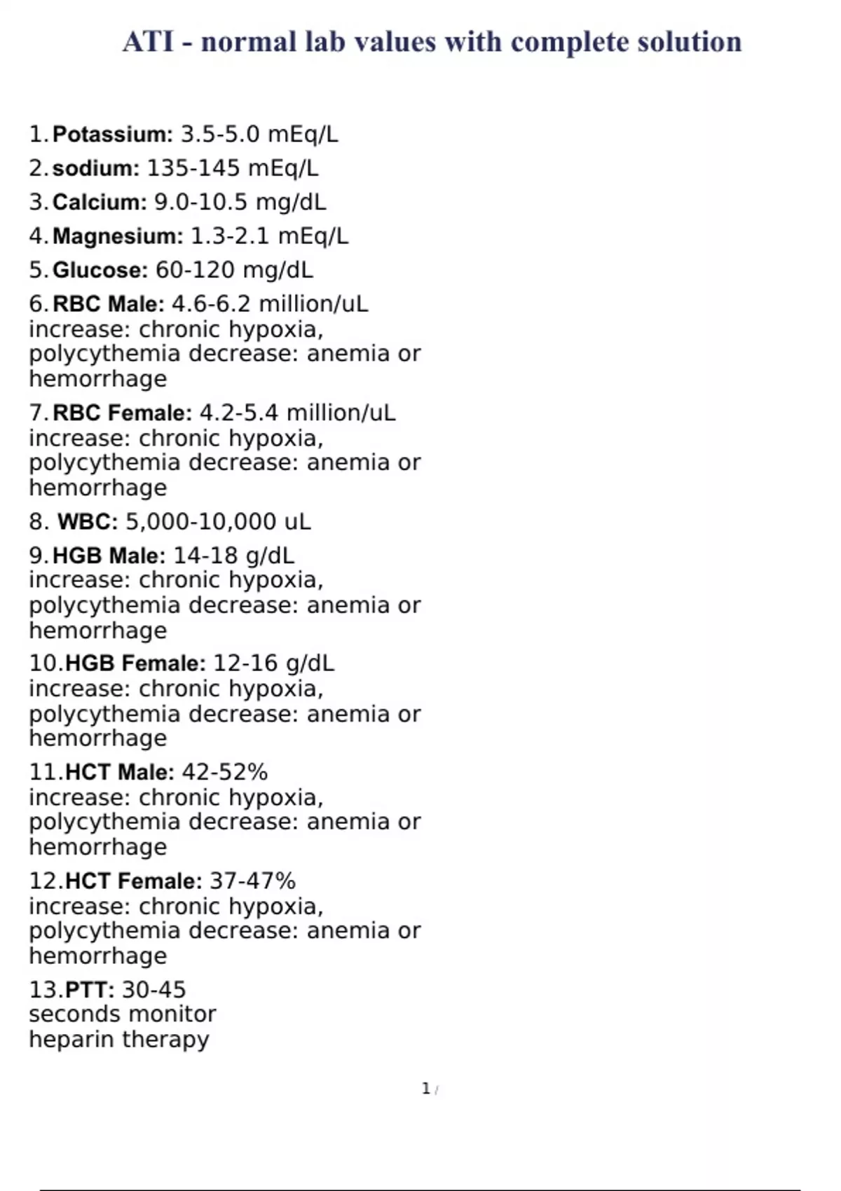 ATI Normal Lab Values With Complete Solution ATI Normal Lab 