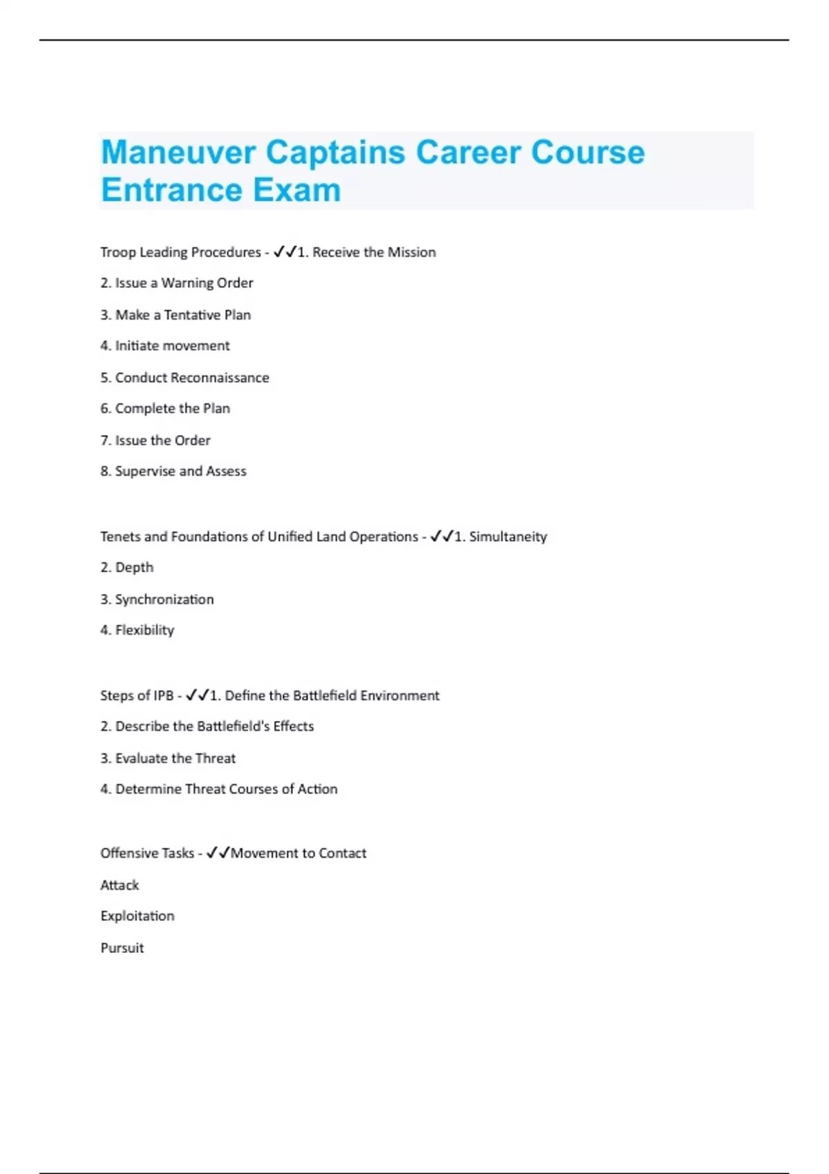 Maneuver Captains Career Course Entrance Exam 71 Questions and Answers