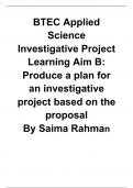 BTEC Applied Science Investigative Project Learning Aim B: Produce a plan for an investigative project based on the proposal By Saima Rahman