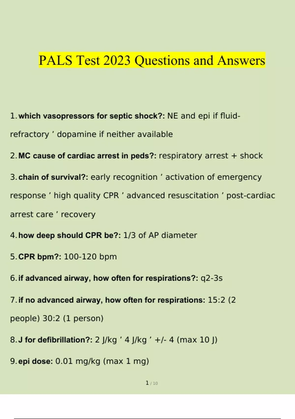 PALS Test 2023 Questions and Answers (100 Verified Answers by Expert