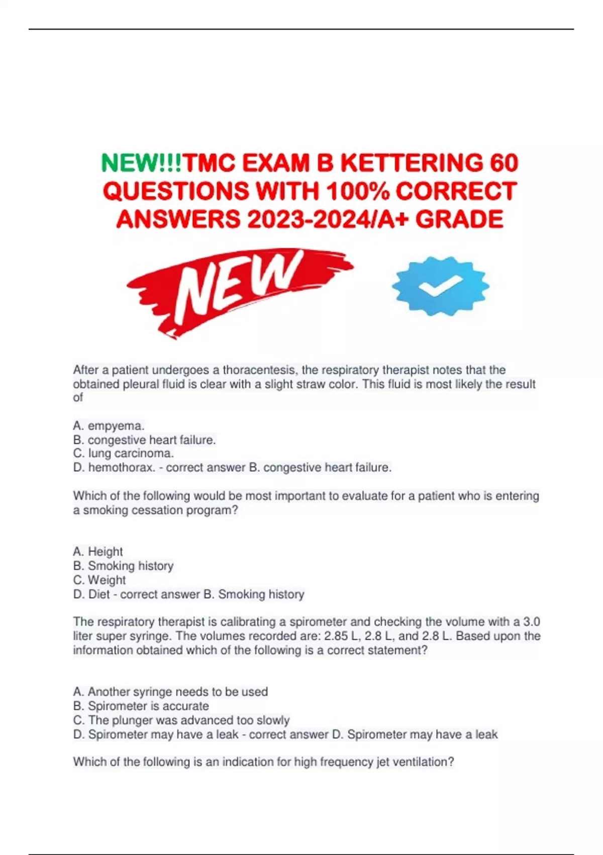 NEW!!!TMC EXAM B KETTERING 60 QUESTIONS WITH 100% CORRECT ANSWERS / A+ ...