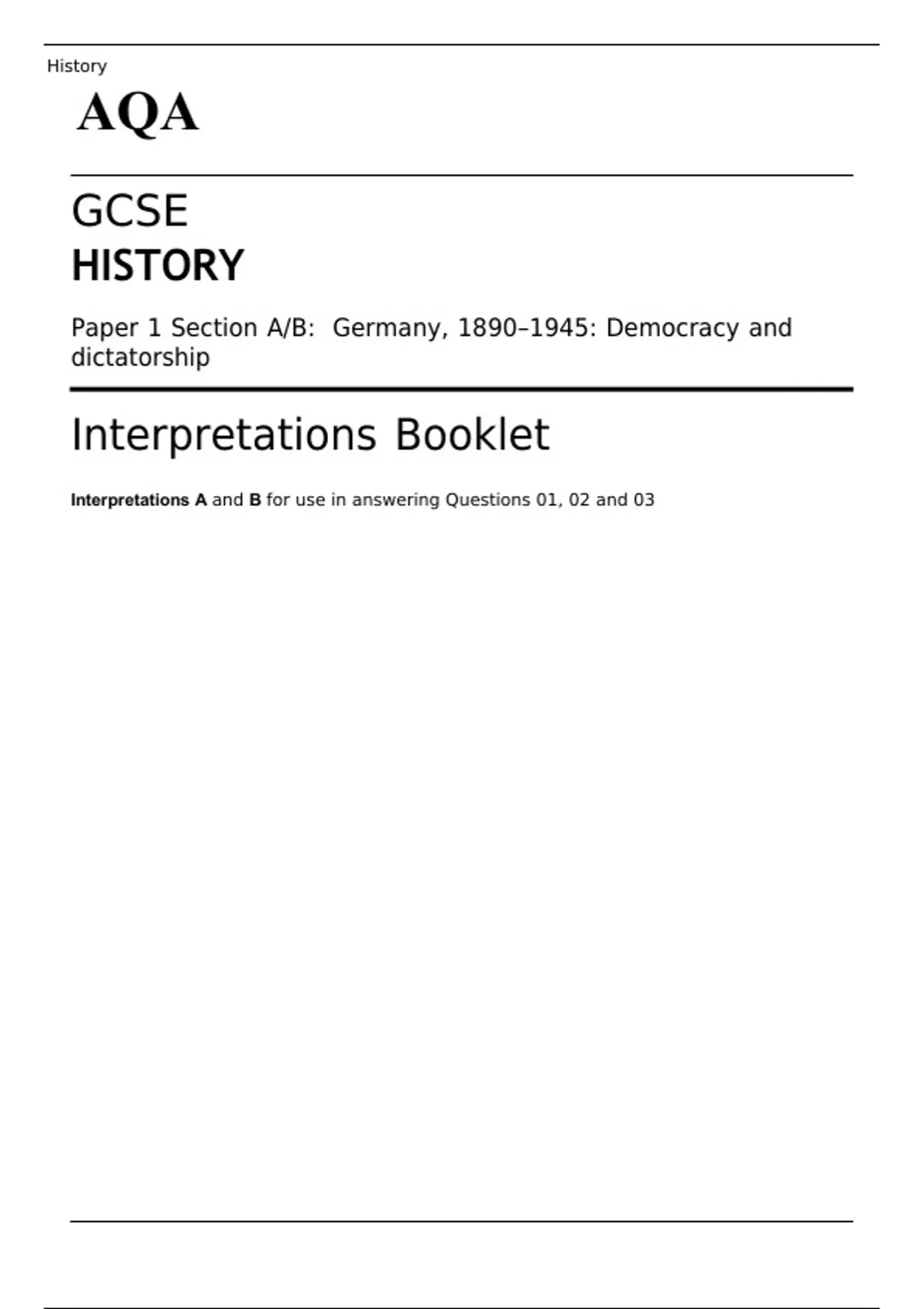 AQA GCSE HISTORY Paper 1 Section A/B: Germany, 1890–1945 MAY 2023 ...