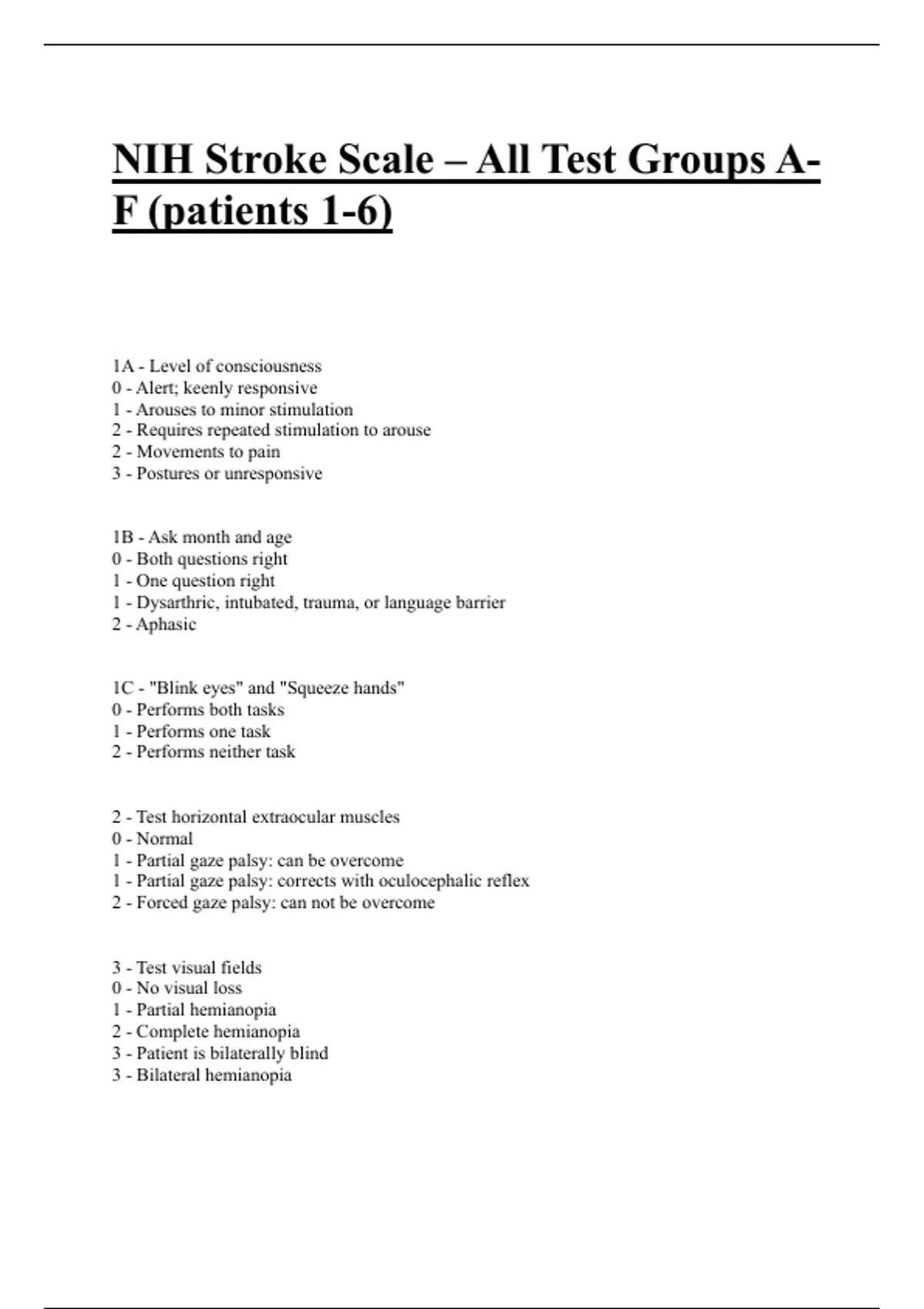 NIH Stroke Scale – All Test Groups A-F (patients 1-6) 2023 ( A+ - NIH ...