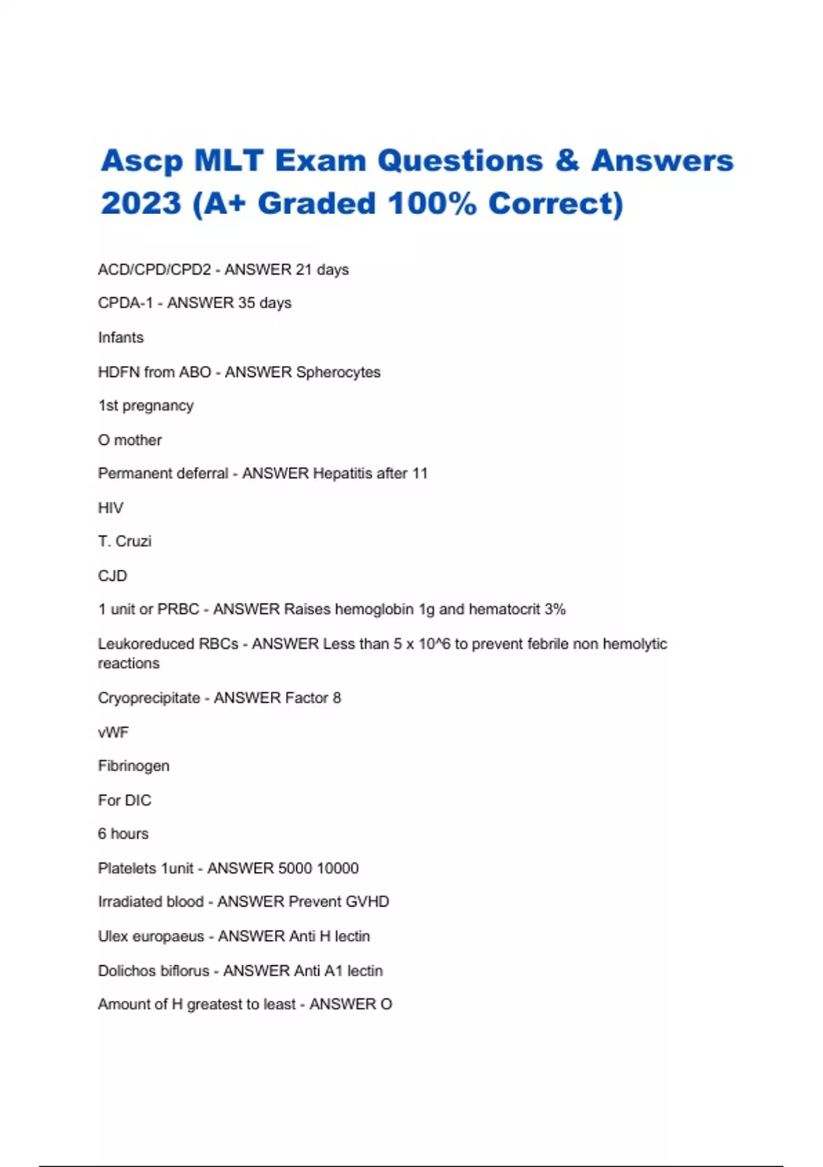 MLT License Exam 2023 With Questions And Answers 100 Correct MLT 