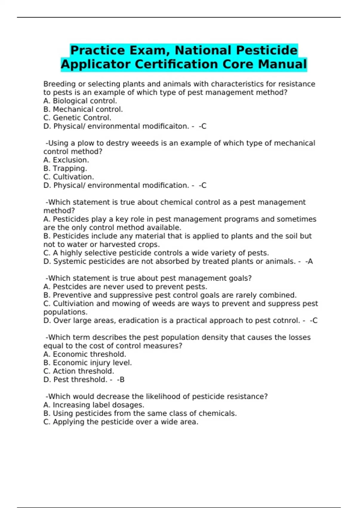 Practice Exam National Pesticide Applicator Certification Core Manual