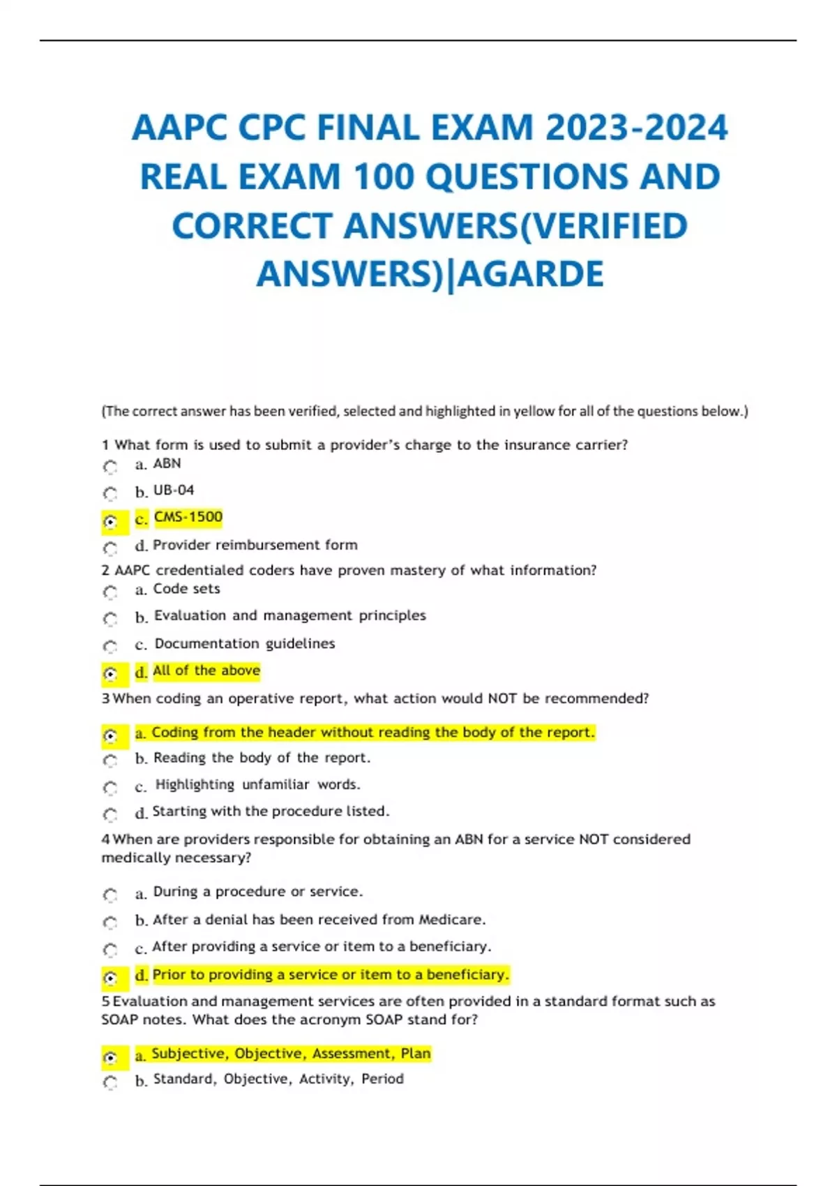 AAPC CPC FINAL EXAM REAL EXAM 100 QUESTIONS AND CORRECT ANSWERS ...