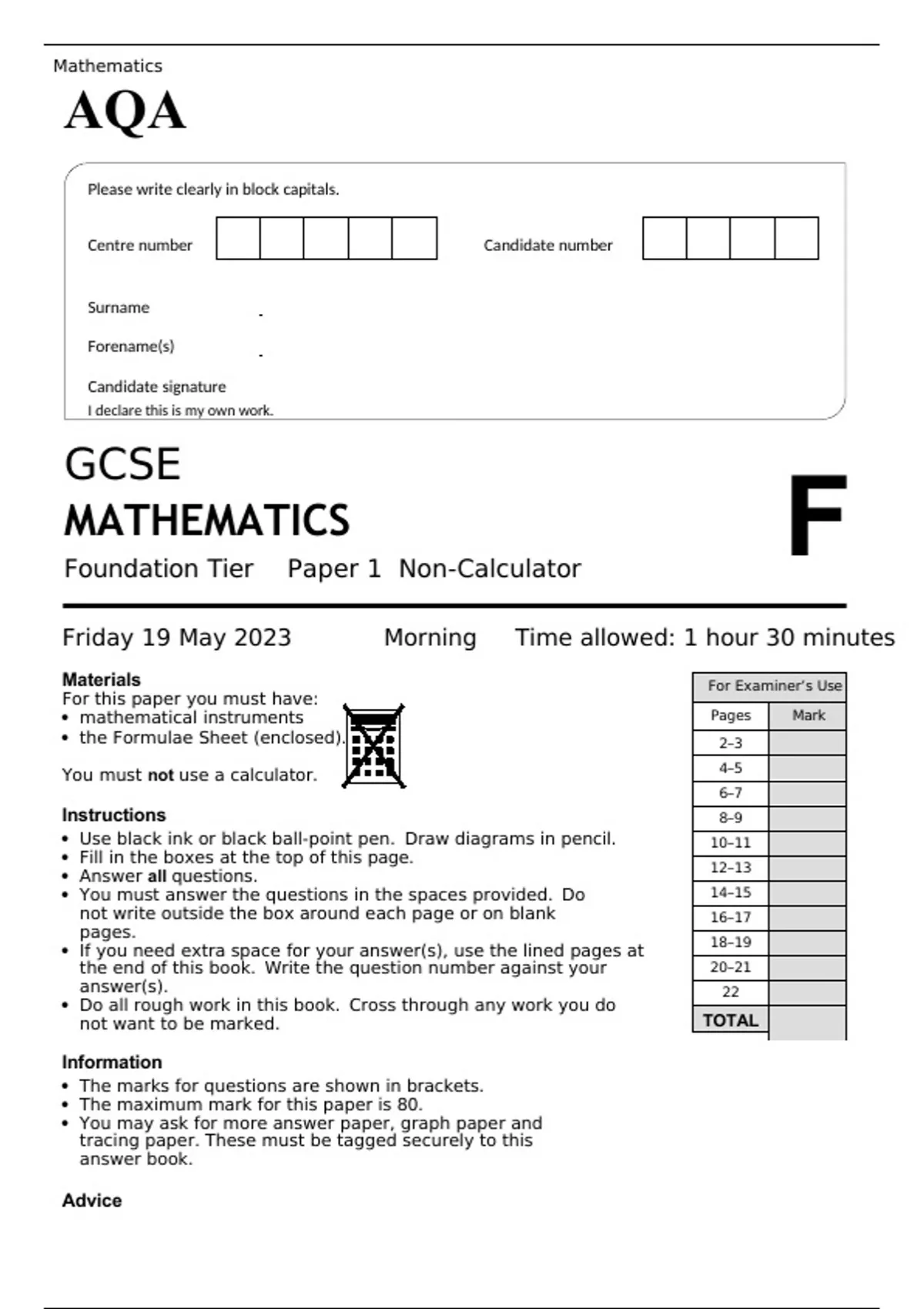 AQA GCSE MATHEMATICS Foundation Tier Paper 1 MAY 2023 QUESTION PAPER ...