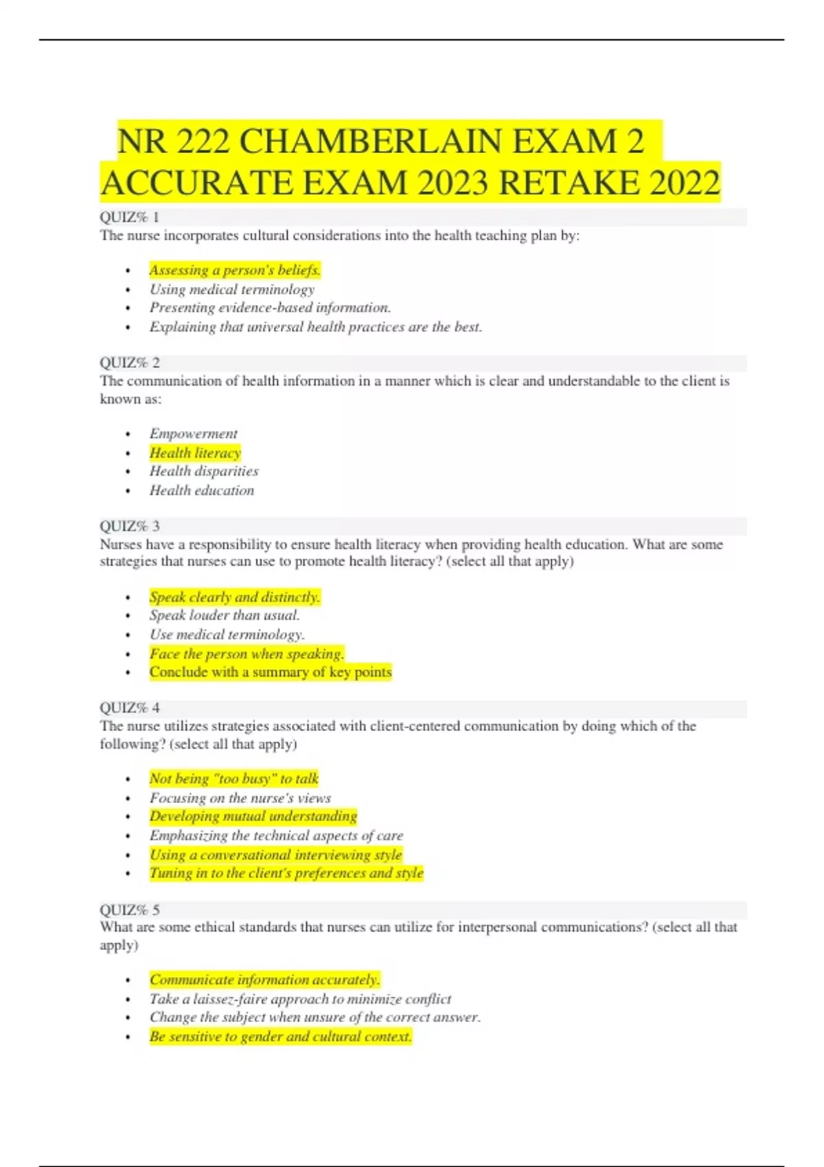 NR 222 CHAMBERLAIN EXAM 2 ACCURATE EXAM 2023 RETAKE 2022 - NR 222 ...