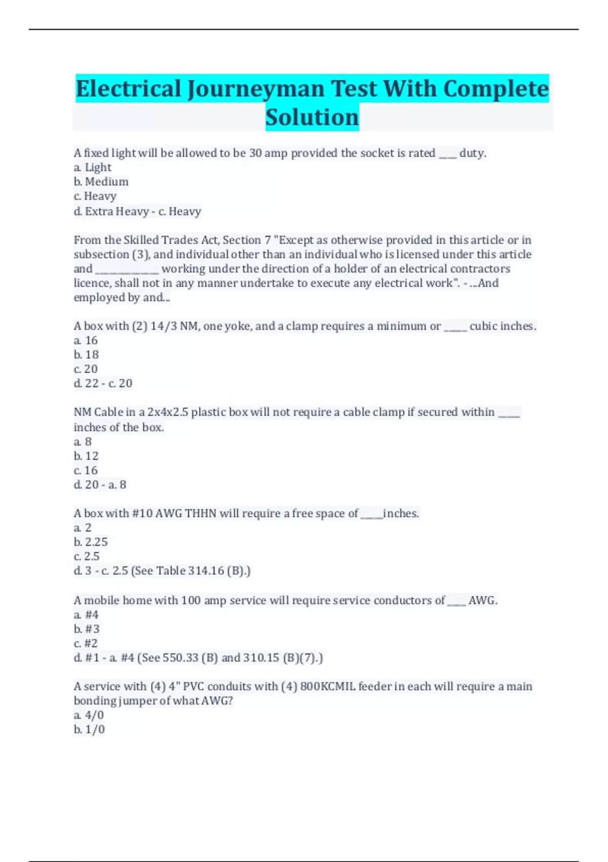 Electrical Journeyman Test With Complete Solution Journeyman Stuvia US
