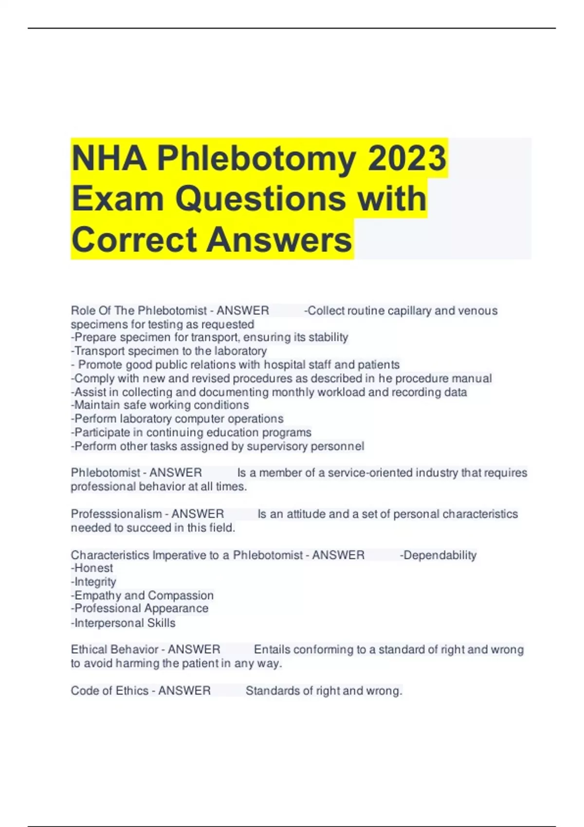 NHA Phlebotomy 2023 Exam Questions with Correct Answers NHA
