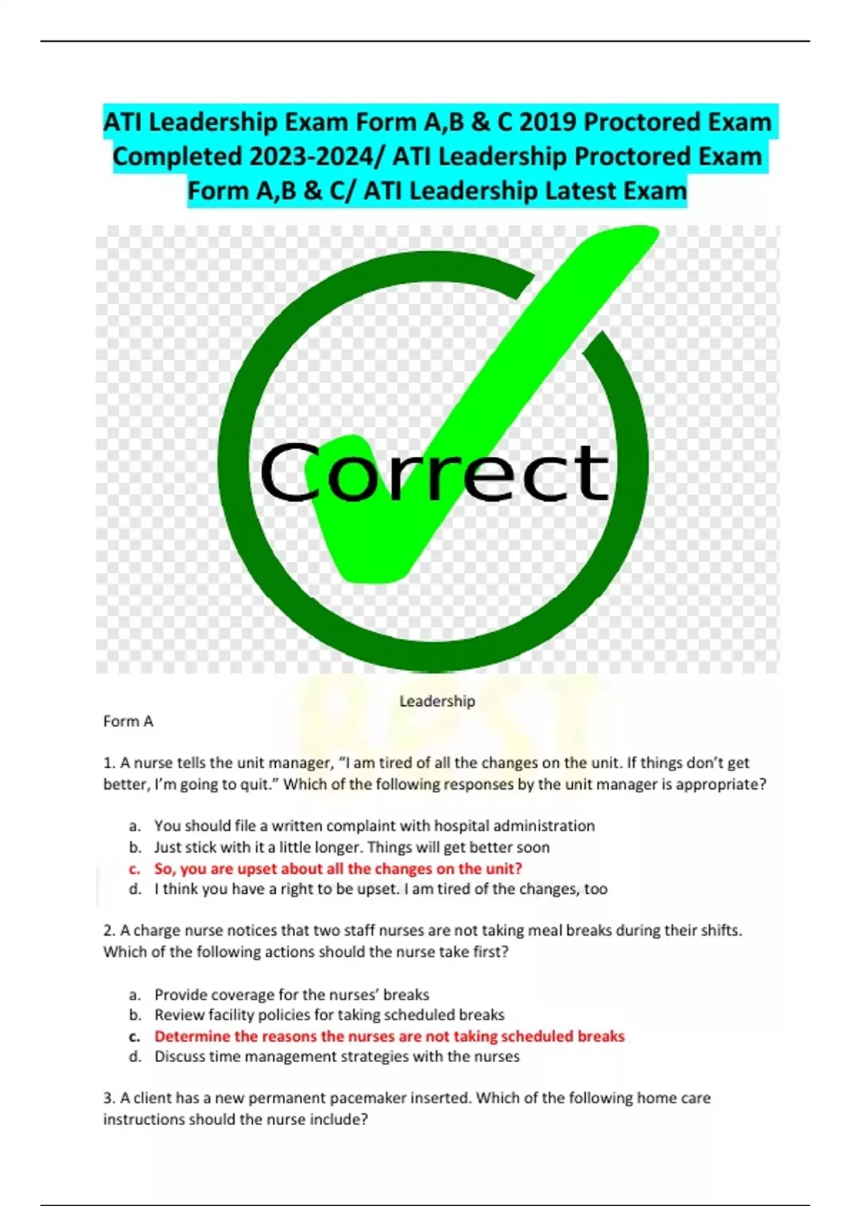 ATI Leadership Exam Form A,B & C 2019 Proctored Exam Completed / ATI ...