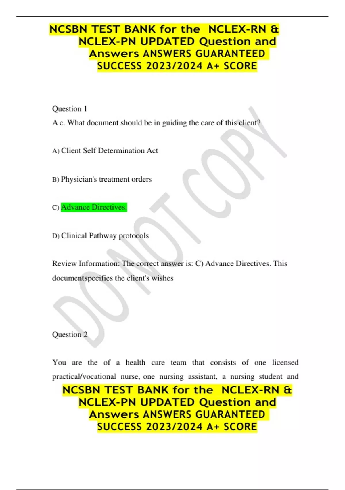 NCSBN TEST BANK for the NCLEXRN & NCLEXPN UPDATED Question and