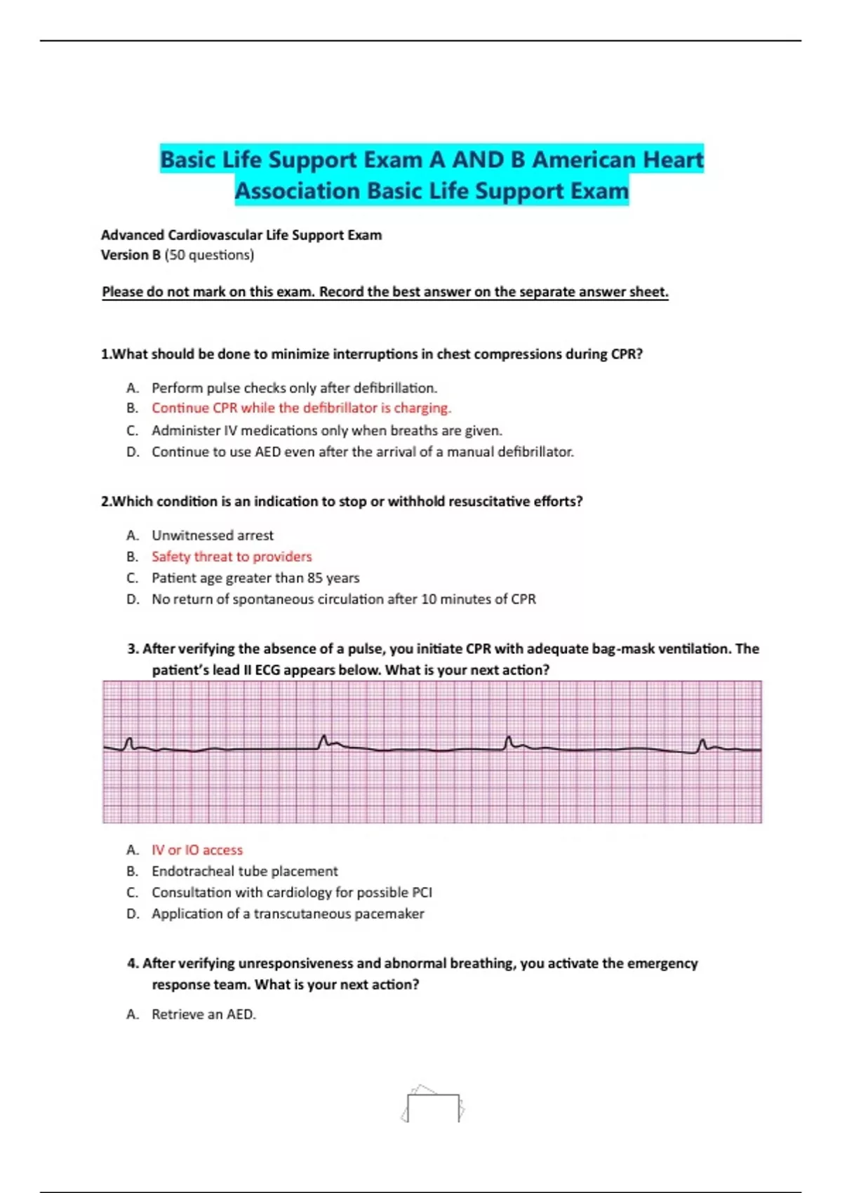 Basic Life Support Exam A AND B American Heart Association Basic Life