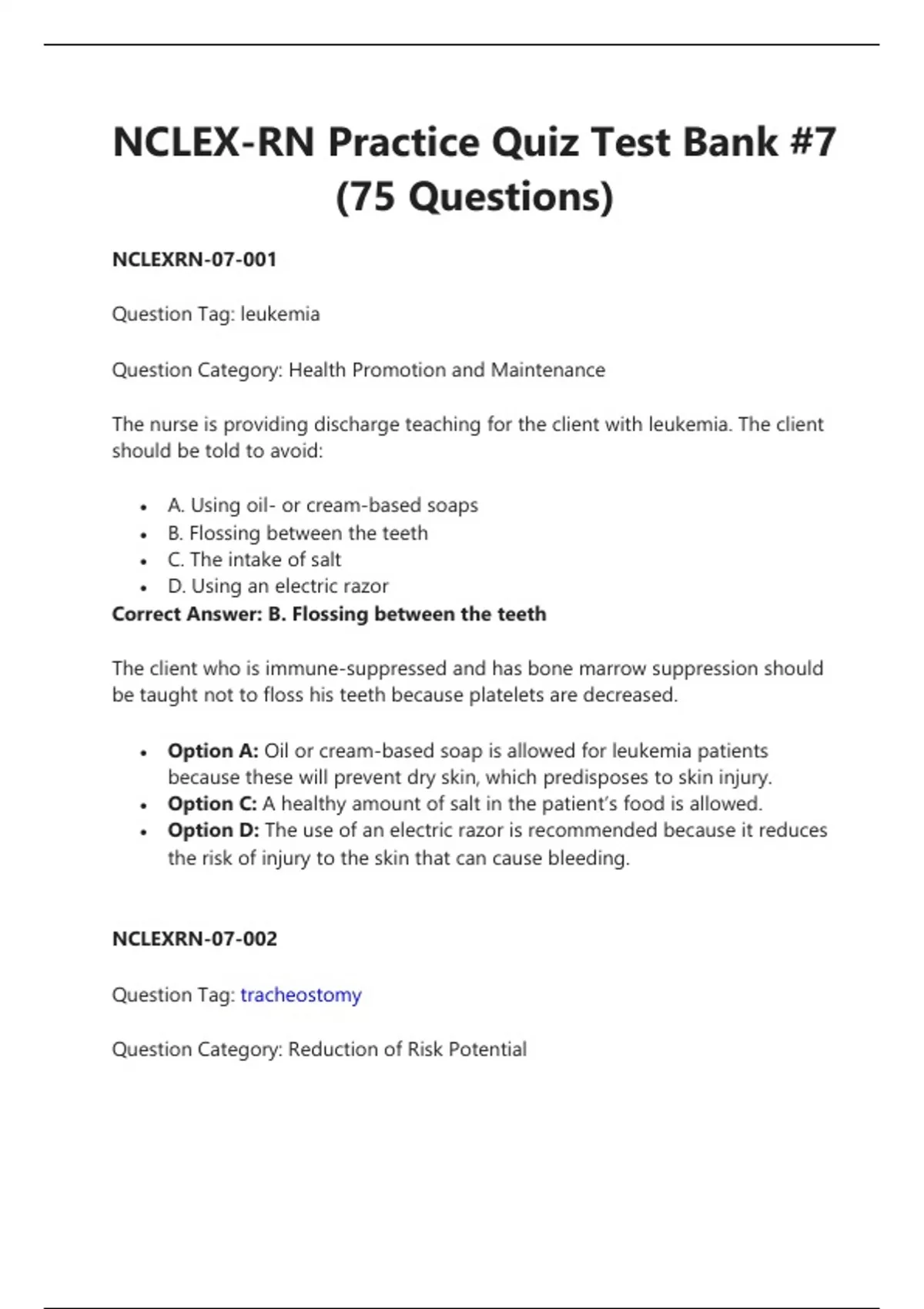 NCLEX-RN Practice Quiz Test Bank #7 (75 Questions) - Nclexrn - Stuvia US