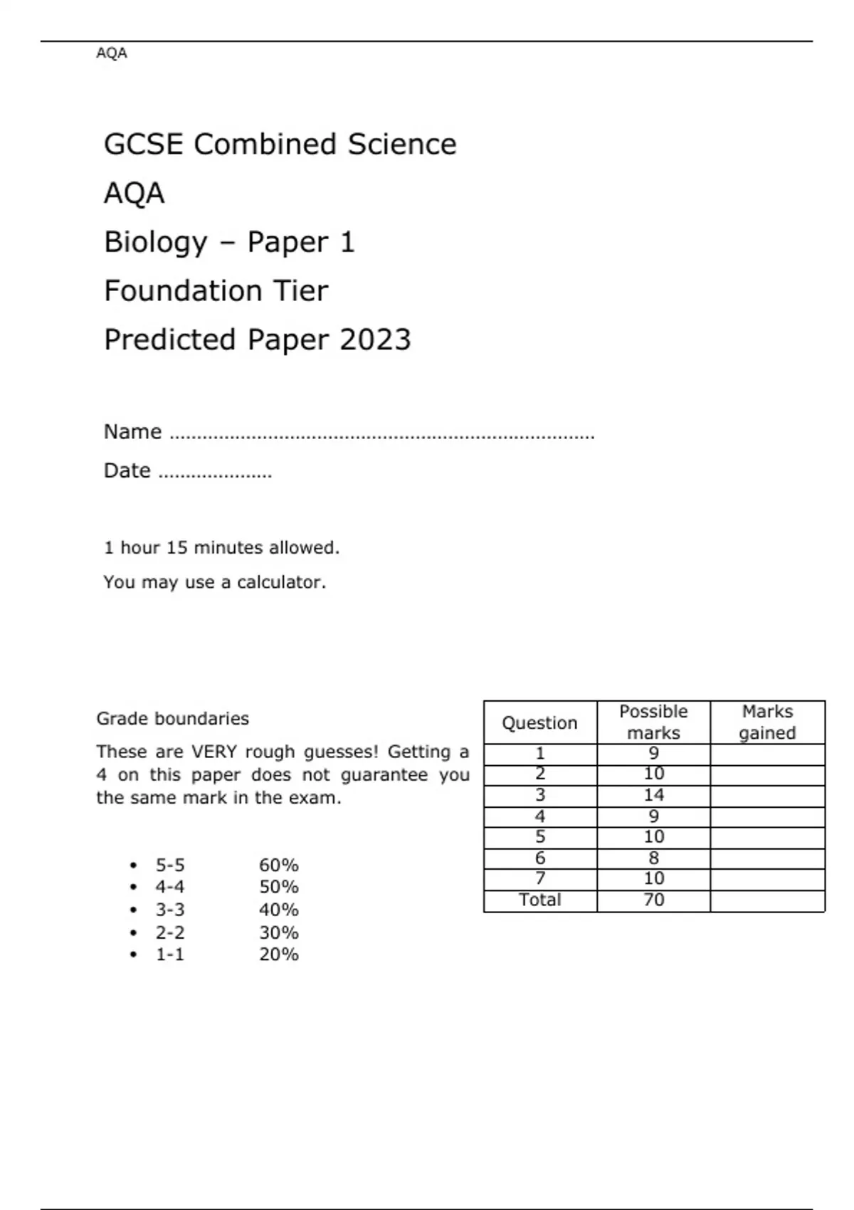 AQA GCSE Combined Science Biology Paper 1 And 2 Foundation Tier ...