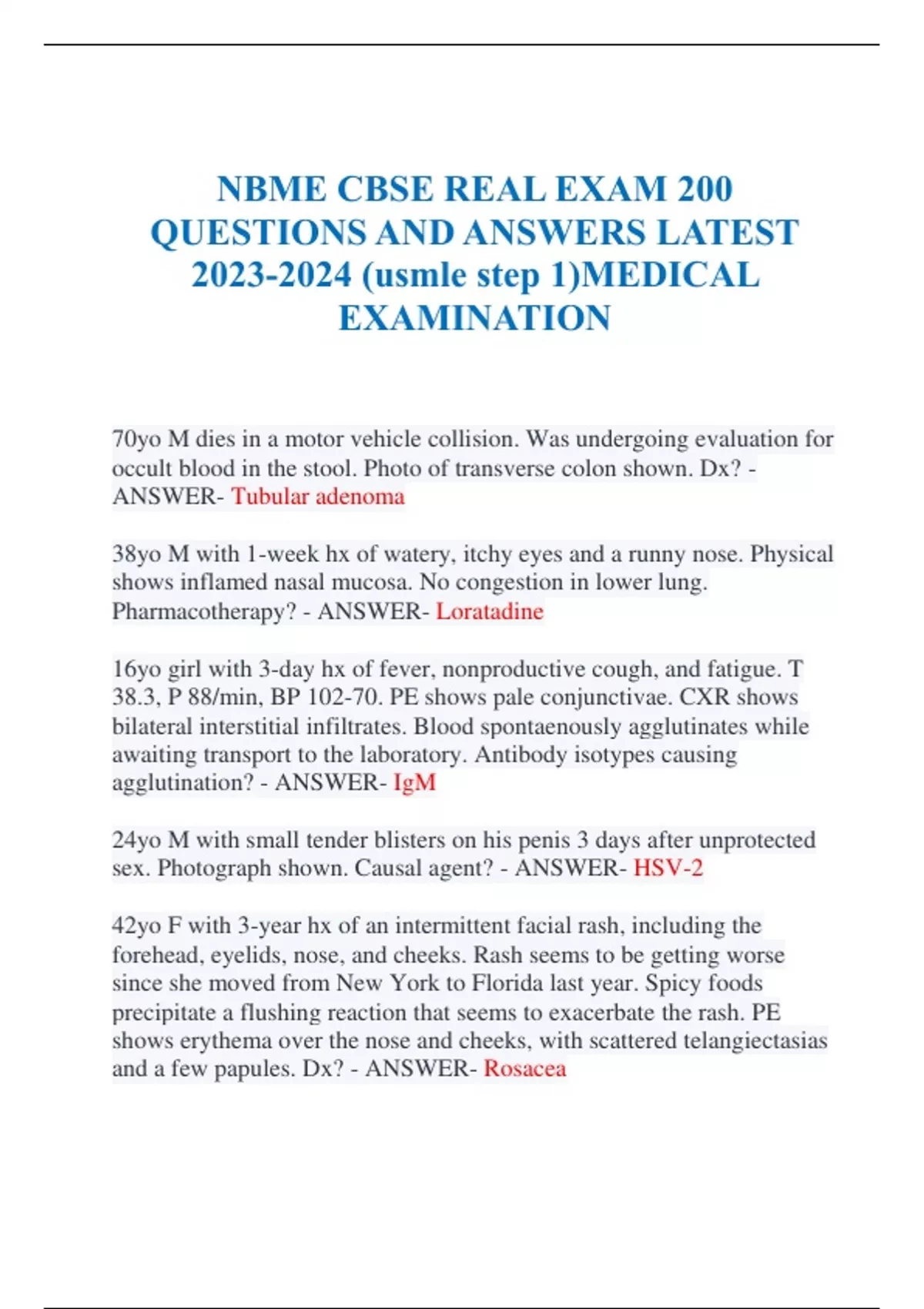 NBME CBSE REAL EXAM 200 QUESTIONS AND ANSWERS LATEST (usmle step 1