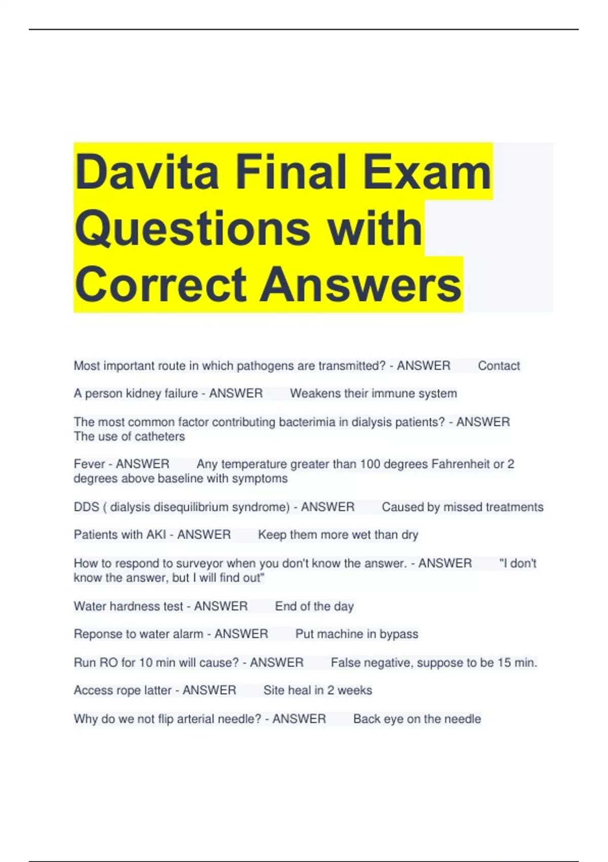 Davita Final Exam Questions with Correct Answers Davita Stuvia US