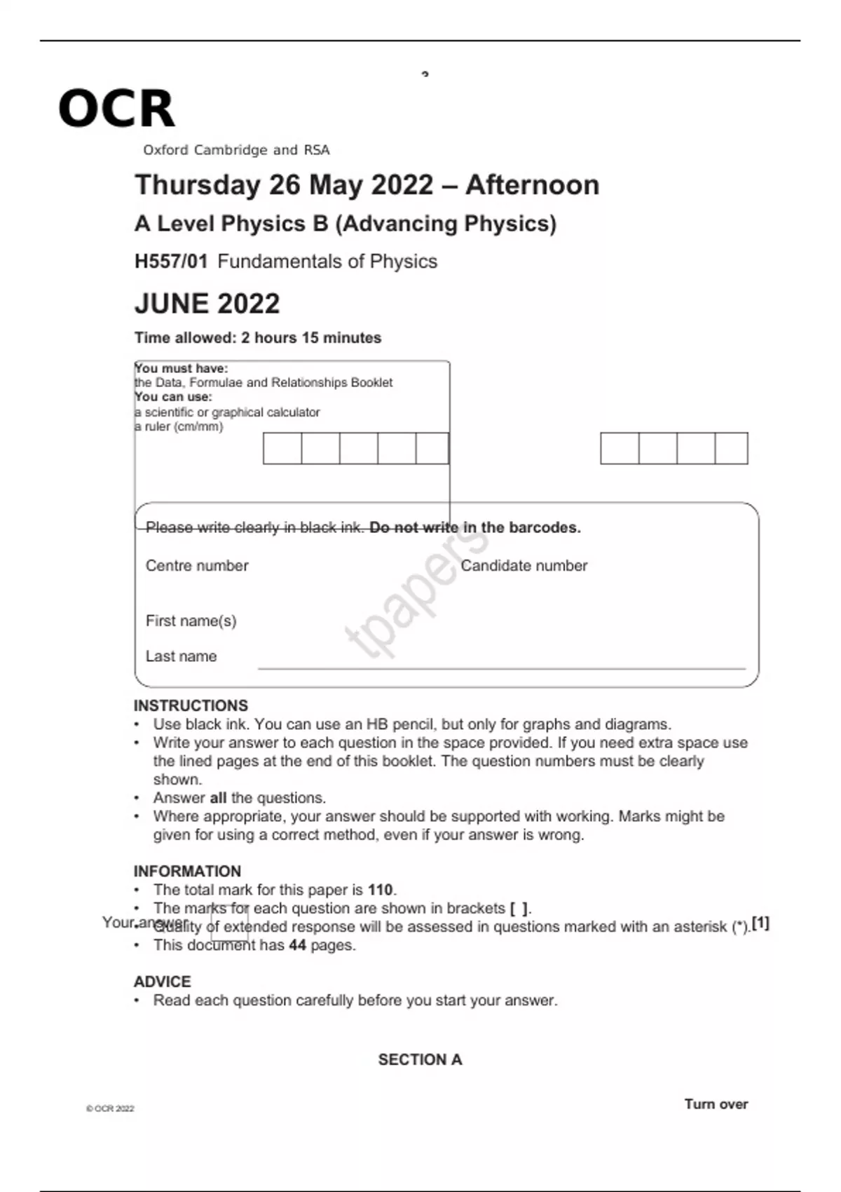 OCR A Level Physics B Paper 1 June 2022 (Advancing Physics) Question ...