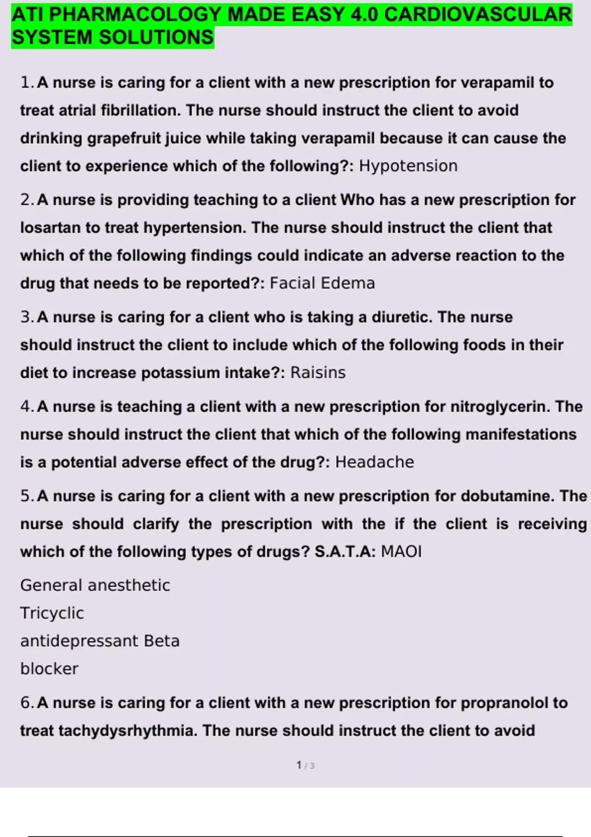 ATI PHARMACOLOGY MADE EASY 4.0 CARDIOVASCULAR SYSTEM SOLUTIONS WITH A+