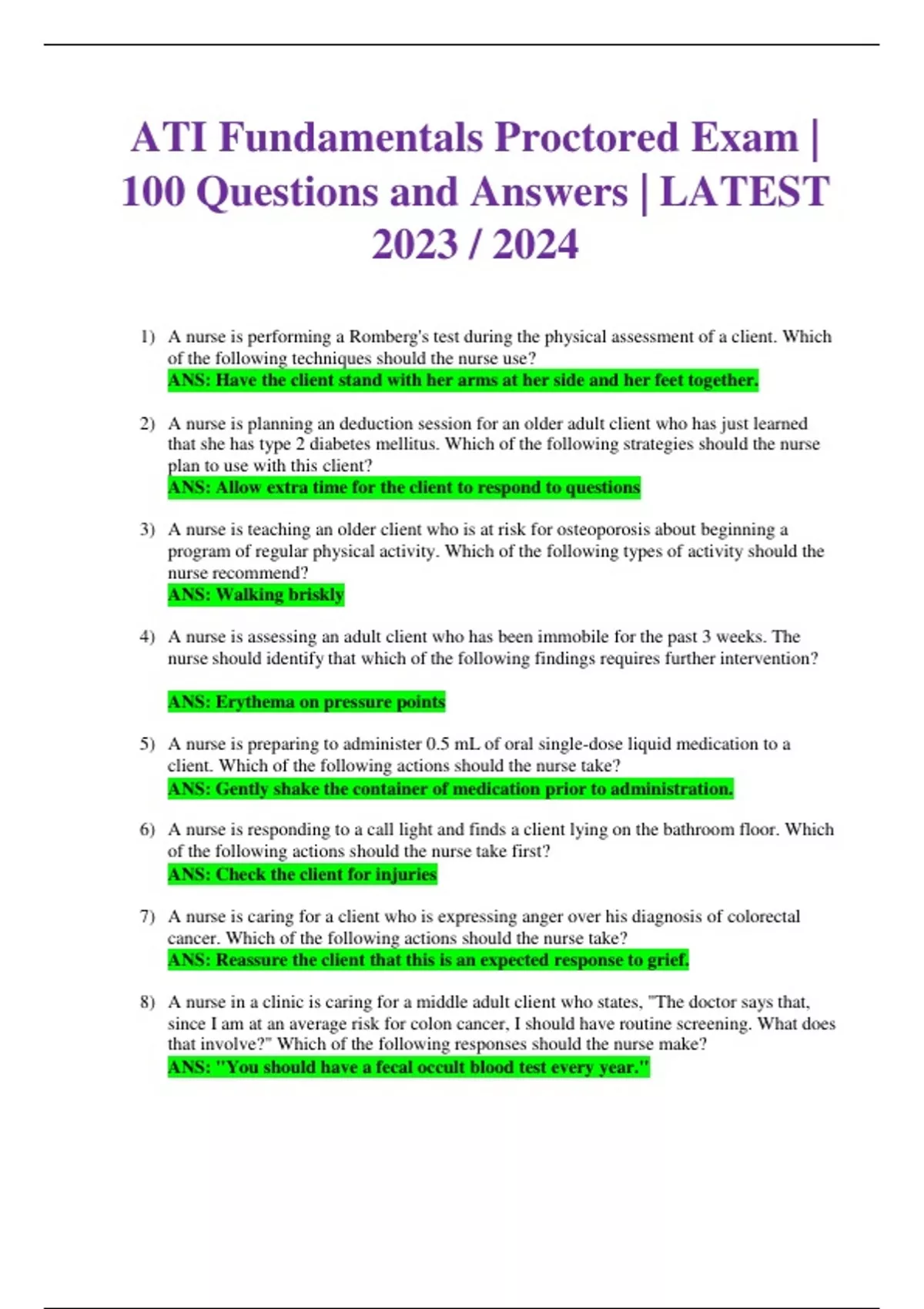 ATI Fundamentals Proctored Exam 100 Questions and Answers LATEST