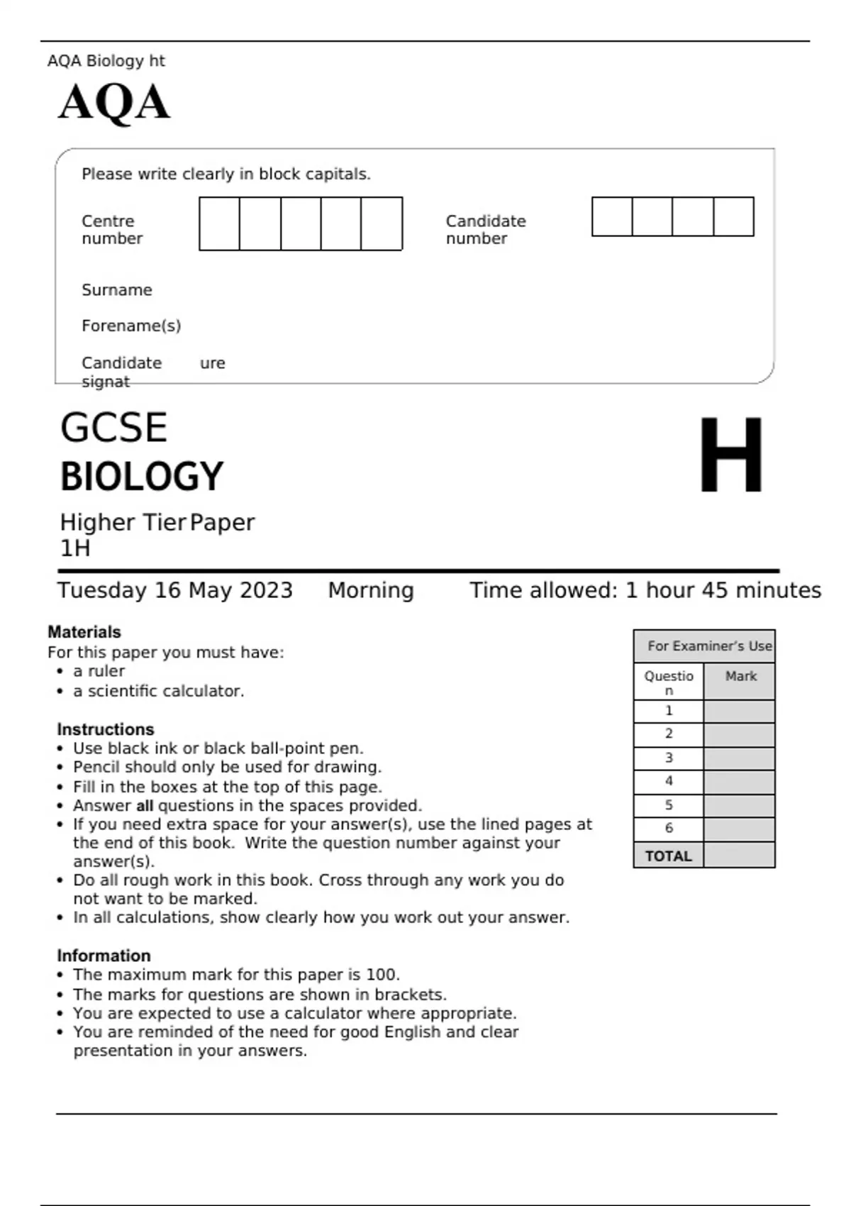 AQA GCSE BIOLOGY Higher Tier Paper 1H MAY 2023 QUESTION PAPER - GCSE ...