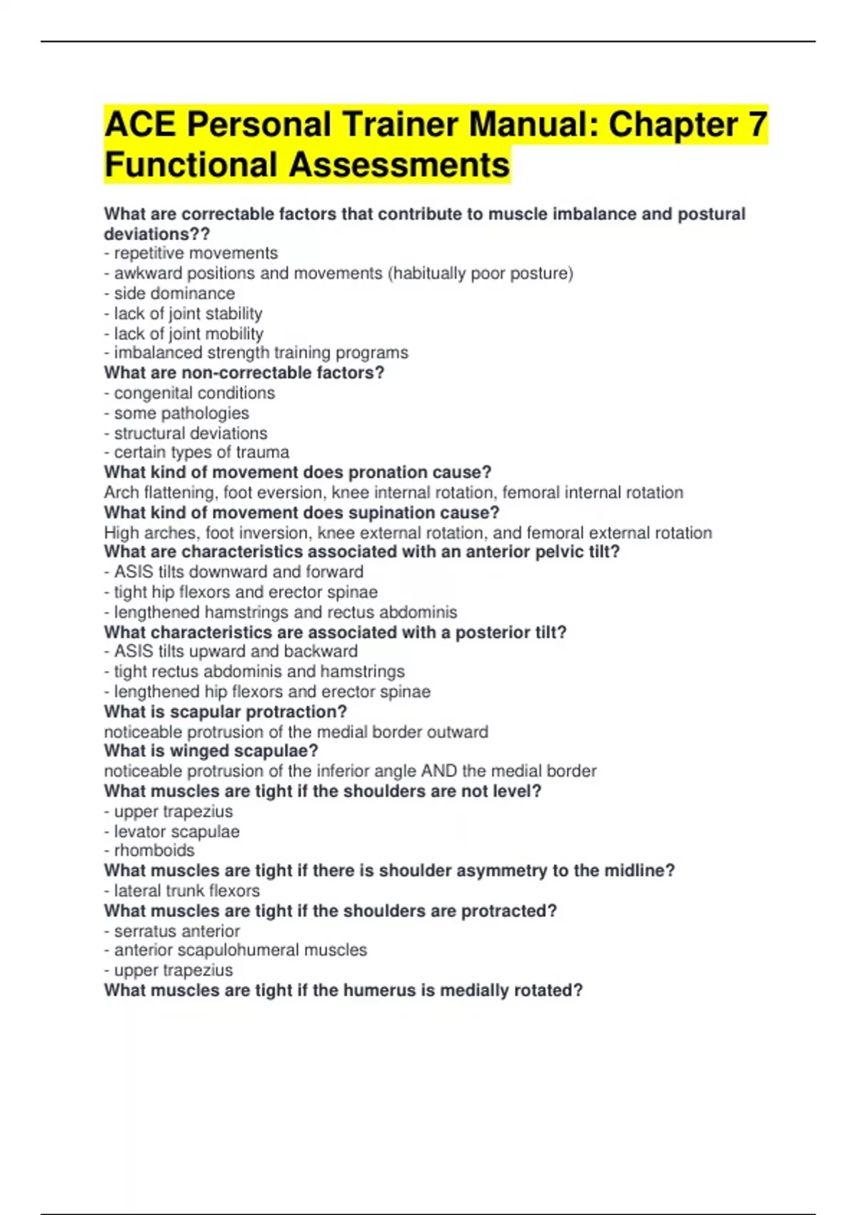 ACE CPT Chapter 7 - Functional Assessments: Posture, Movement