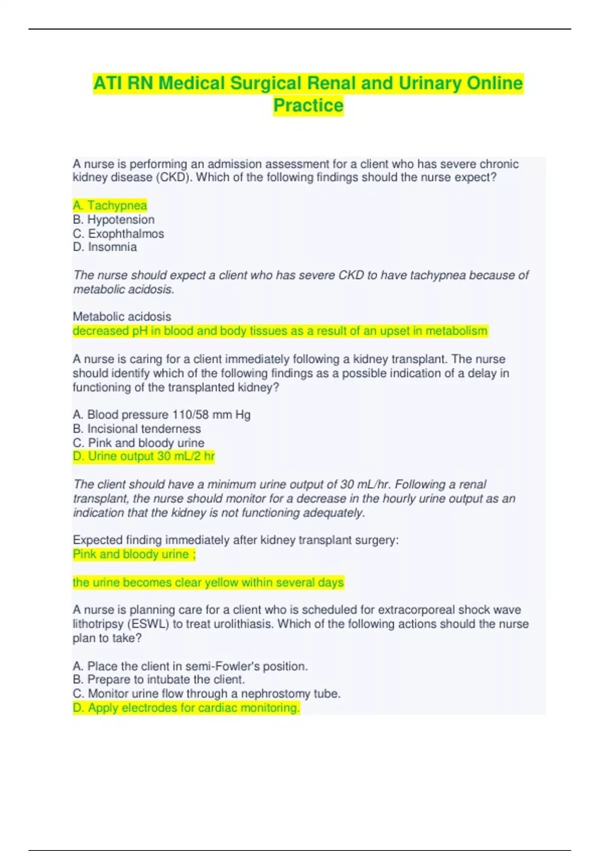 Ati Renal And Urinary Practice Quiz 56