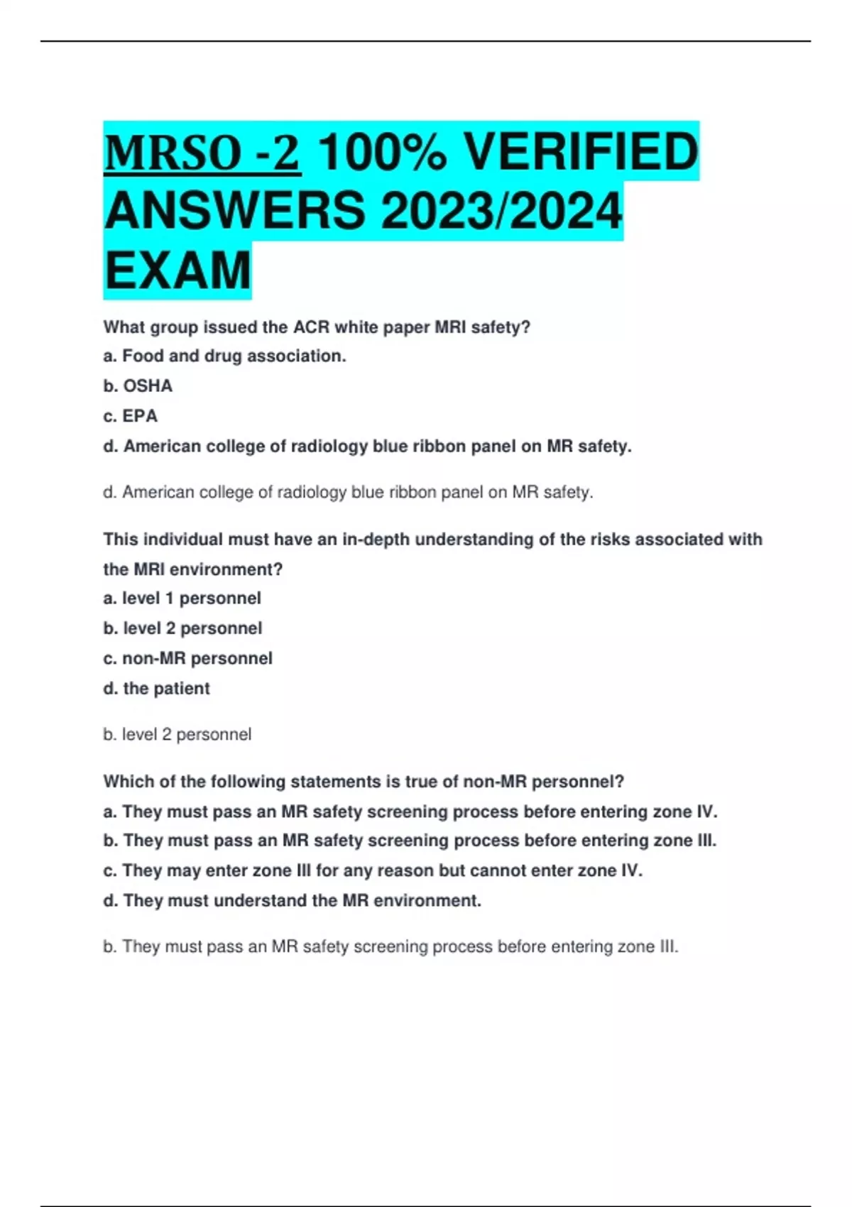 MRSO 2 100 VERIFIED ANSWERS 2023/2024 EXAM MRSO Stuvia US