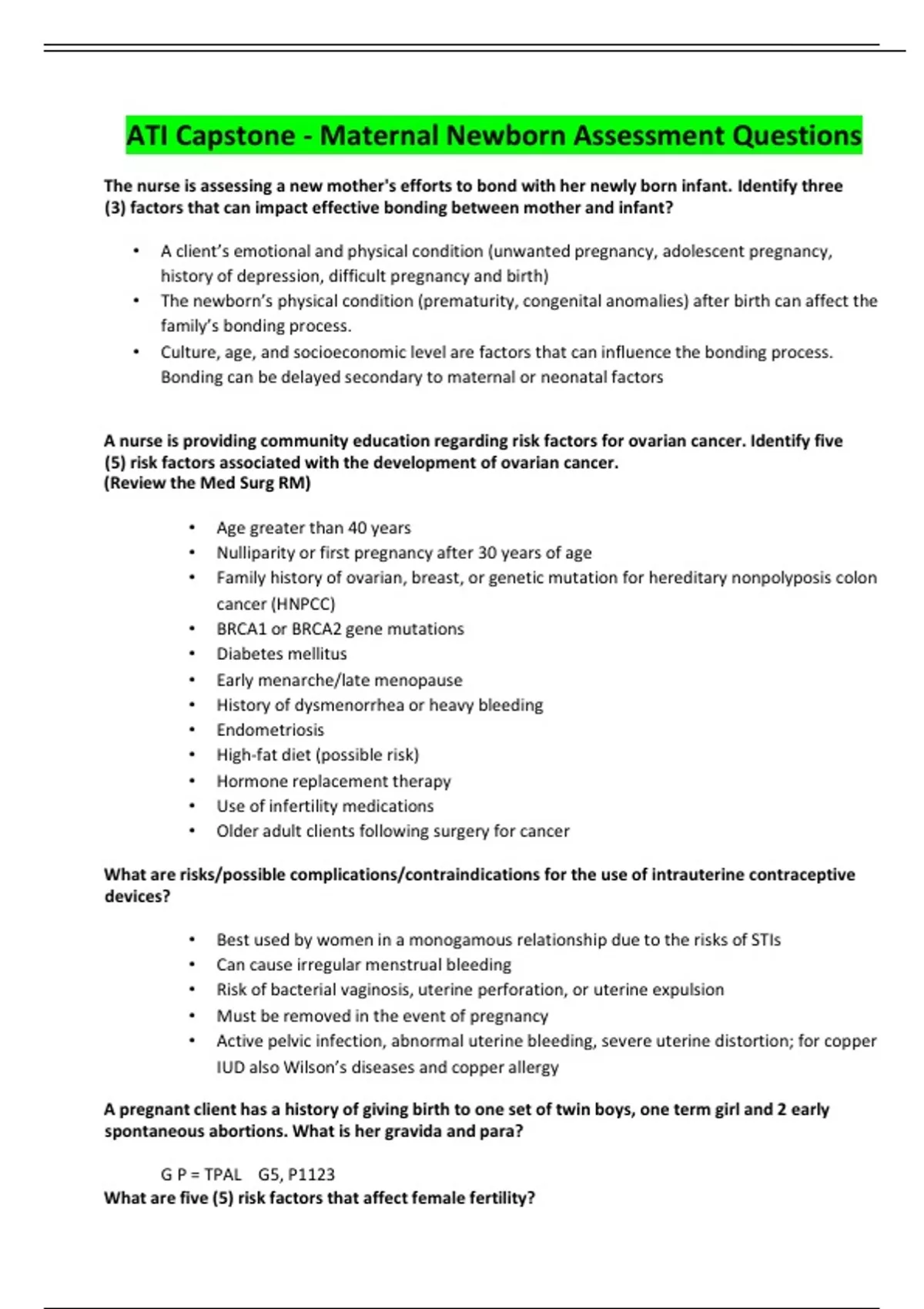 ATI Capstone Maternal Newborn Assessment Questions 2023 Advance