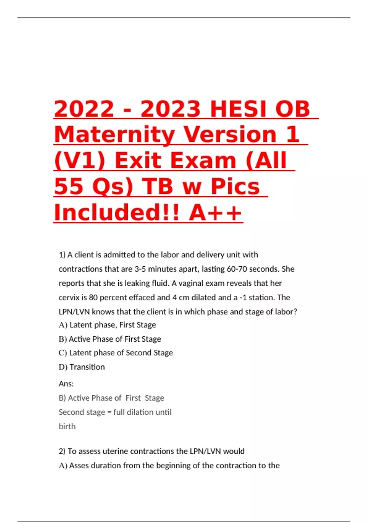 HESI OB Maternity Version 1 (V1) Exit Exam (All 55 Qs) TB W Pics ...