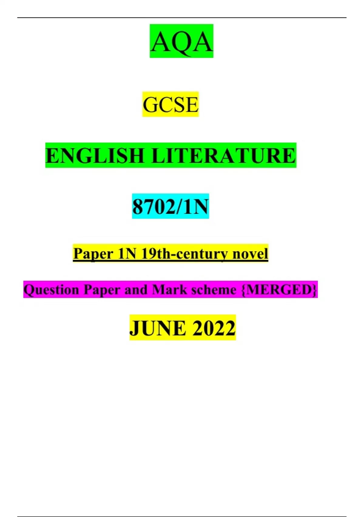 AQA GCSE ENGLISH LITERATURE 8702/1N Paper 1N 19th-century Novel ...