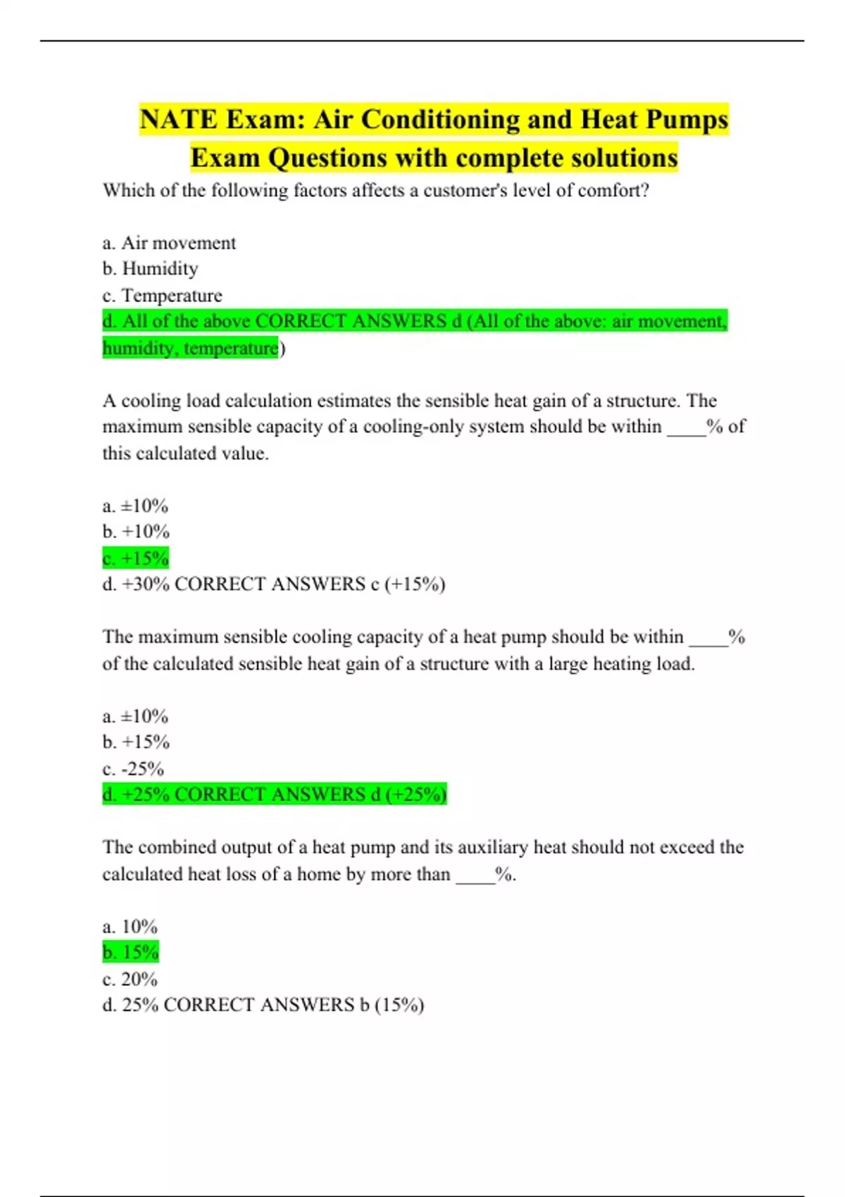 NATE Exam: Air Conditioning And Heat Pumps Exam Questions With Complete ...