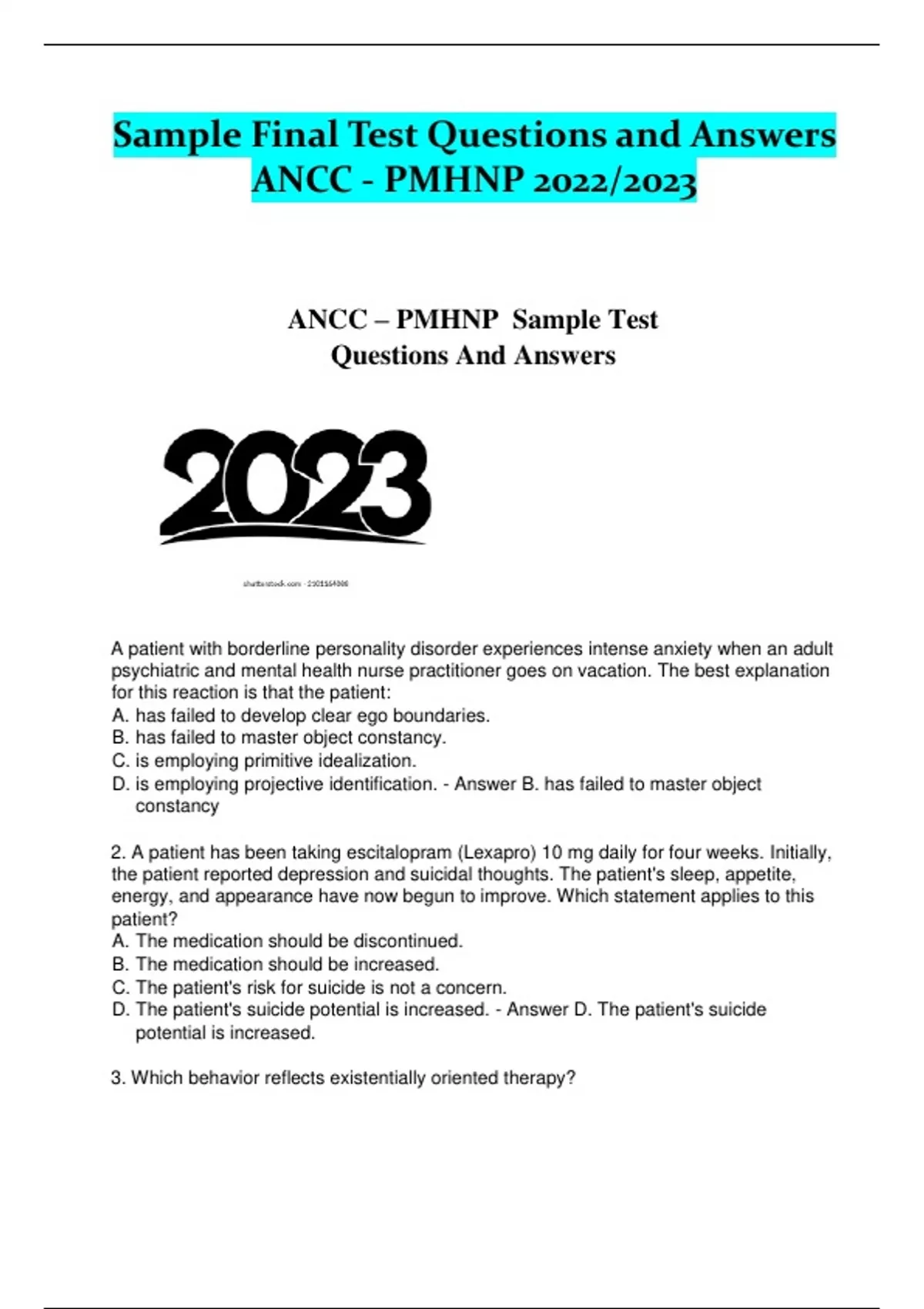 Sample Final Test Questions And Answers ANCC - PMHNP 2022/2023ANCC ...