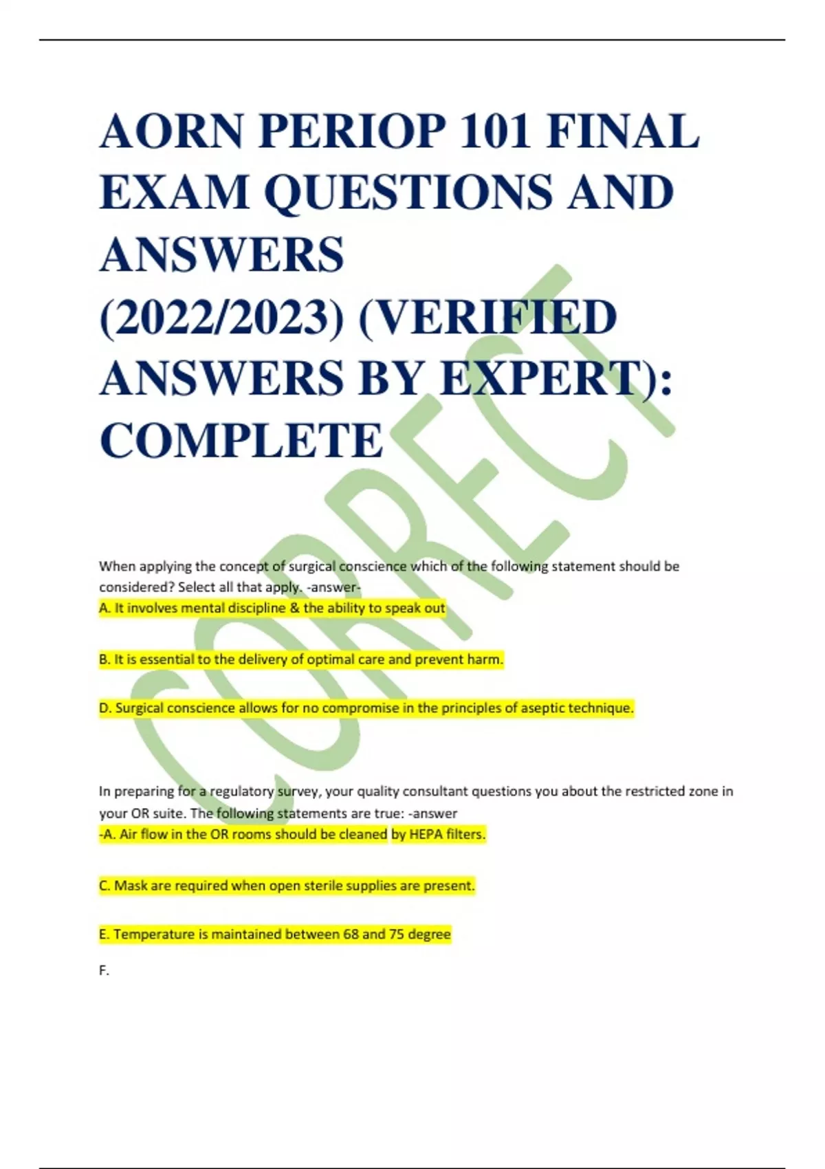 AORN PERIOP 101 FINAL EXAM QUESTIONS AND ANSWERS (2022/2023) (VERIFIED