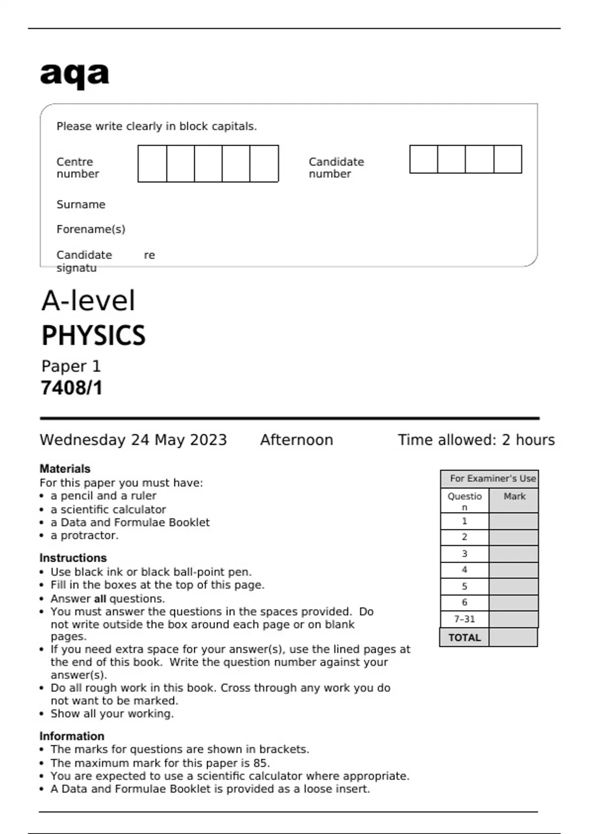 Aqa A-level PHYSICS Paper 1 (7408/1) MAY 2023 QUESTION PAPER - A-level ...