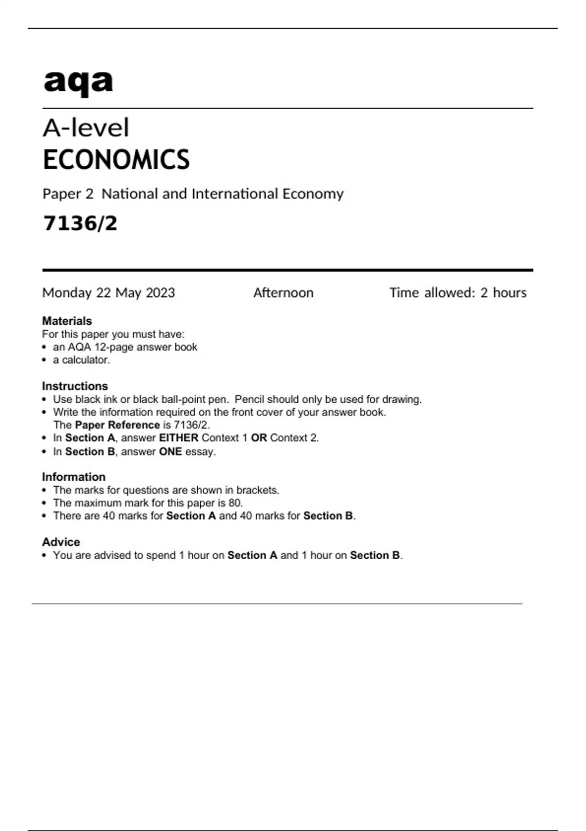 Aqa A-level ECONOMICS Paper 2 National And International Economy (7136/ ...